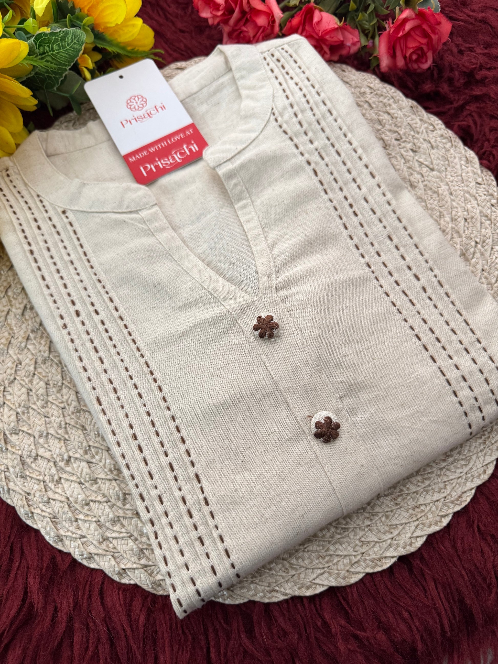 Off White Short Mandarin Collar Thread Embroidered Kurti for Women - Prisachi Official