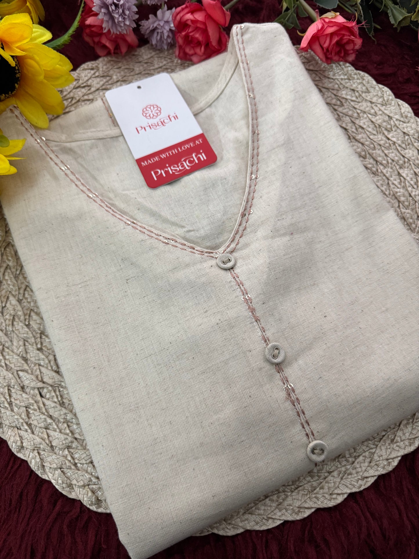Off White Short Straight Thread Embroidered Kurti for Women - Prisachi Official