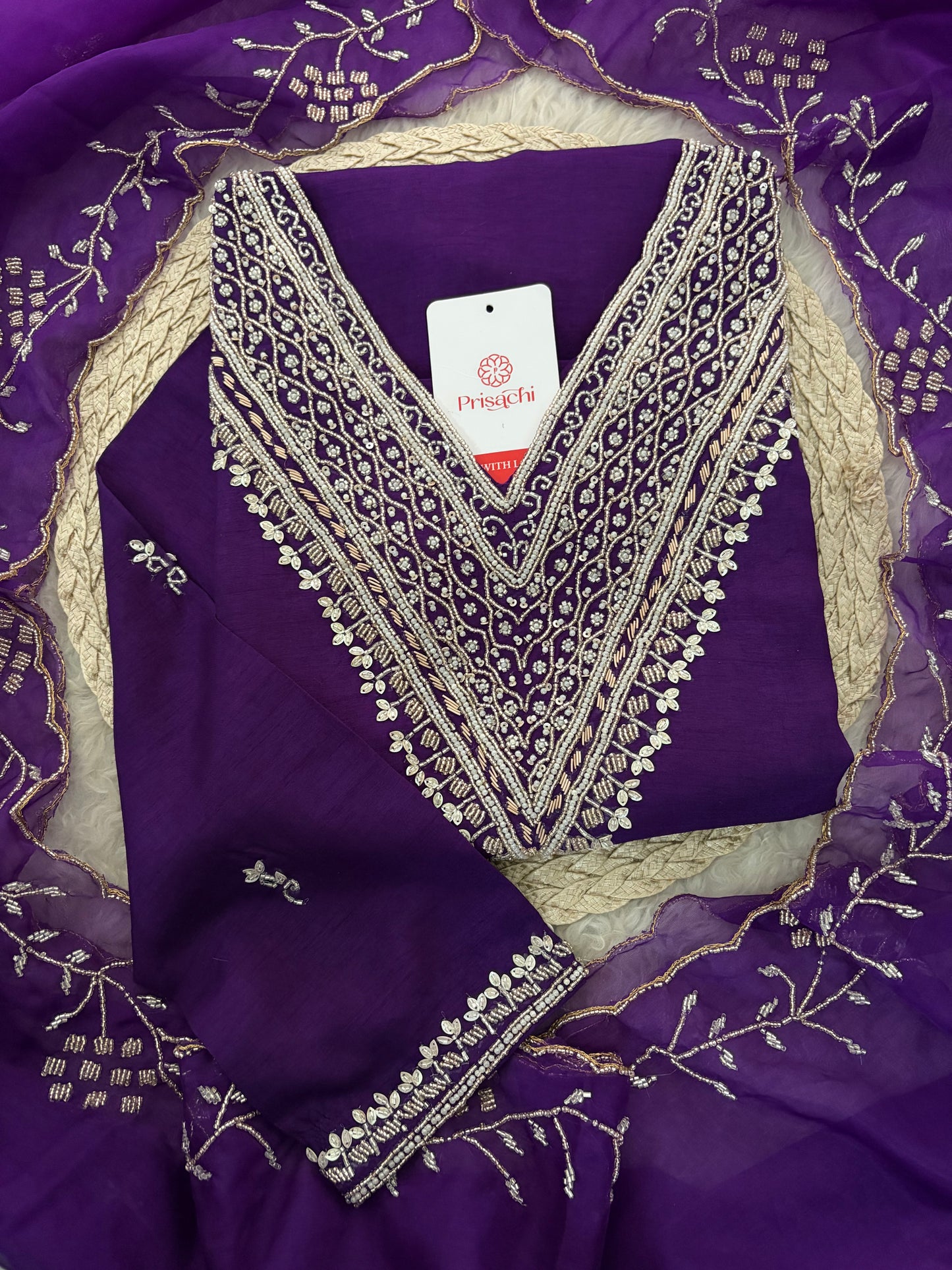 Purple Zardozi Embroidered Kurta Set for Women with Pants & Dupatta | Festive Ethnic wear