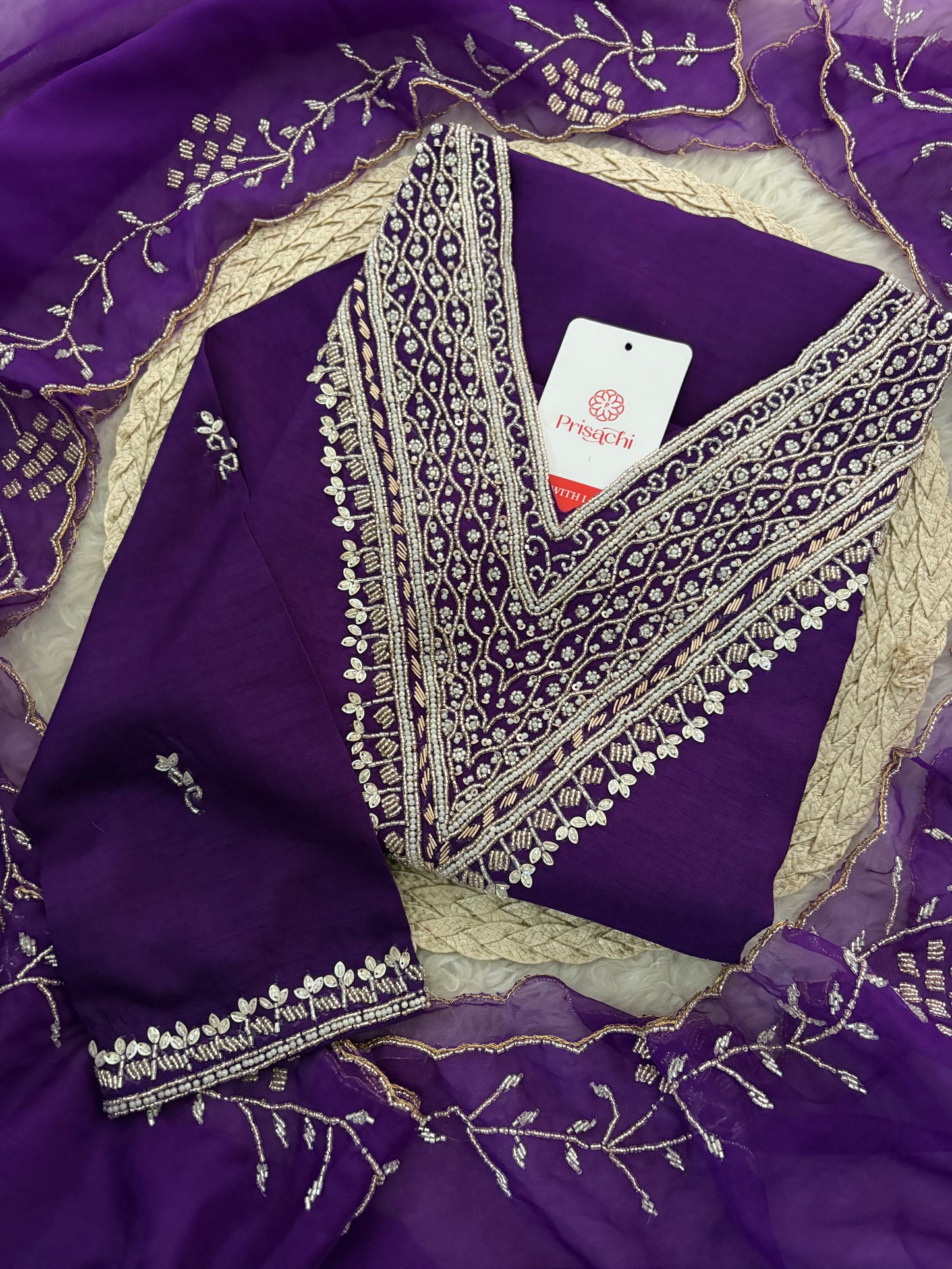 Purple Zardozi Embroidered Kurta Set for Women with Pants & Dupatta | Festive Ethnic wear
