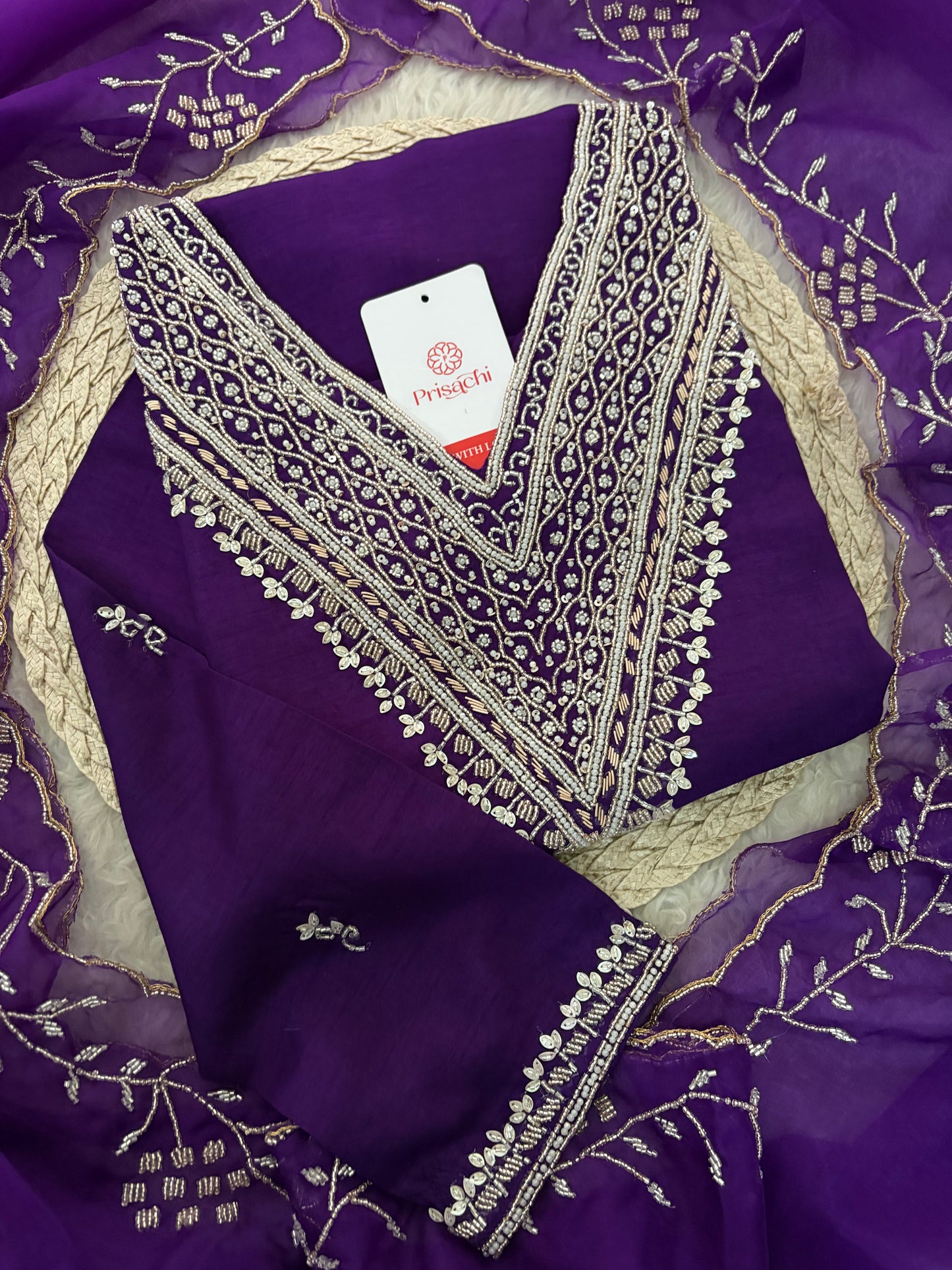 Purple Zardozi Embroidered Kurta Set for Women with Pants & Dupatta | Festive Ethnic wear
