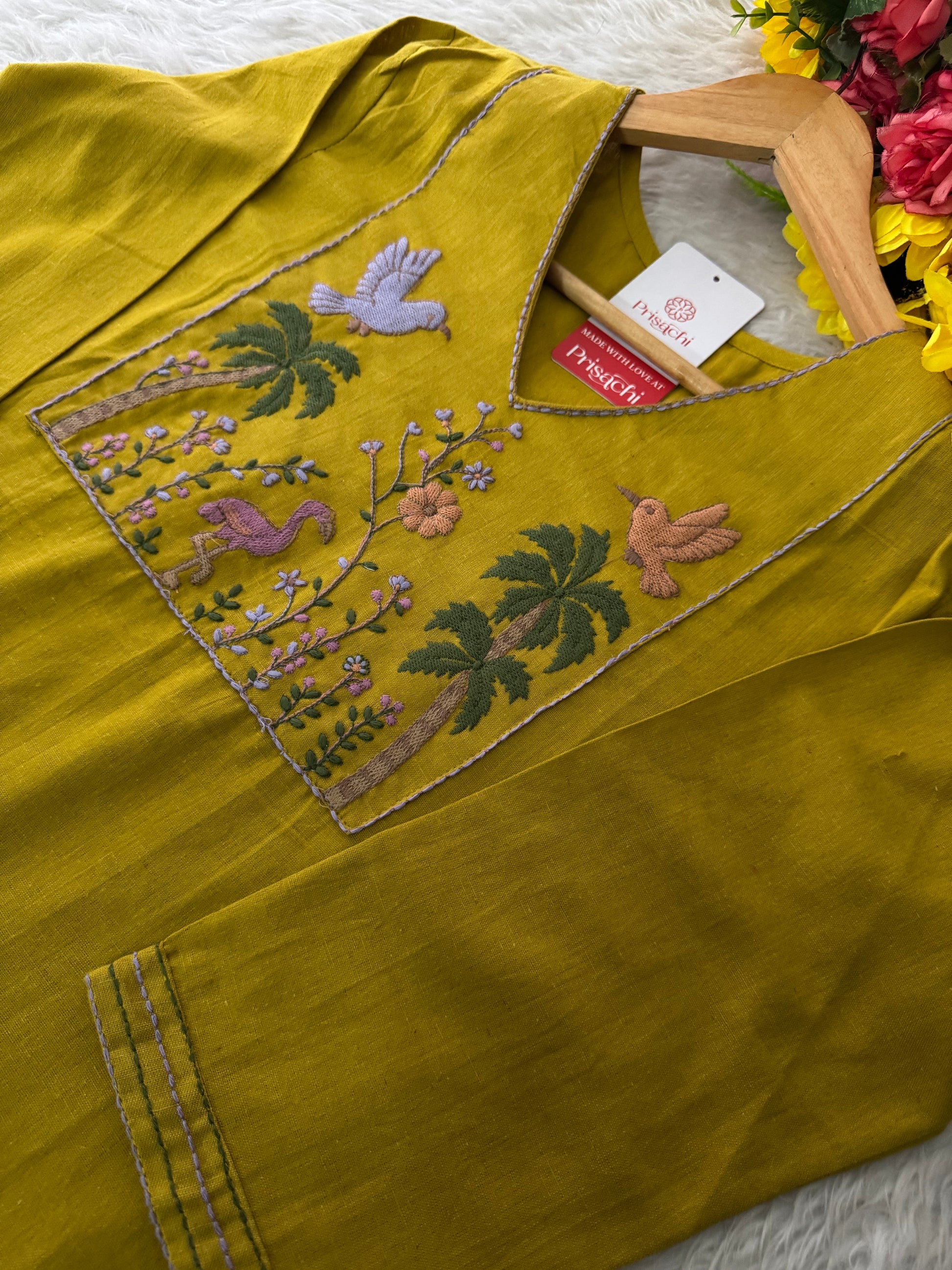 Mustard Yellow Short Straight Thread Embroidered Kurti for Women - Prisachi Official