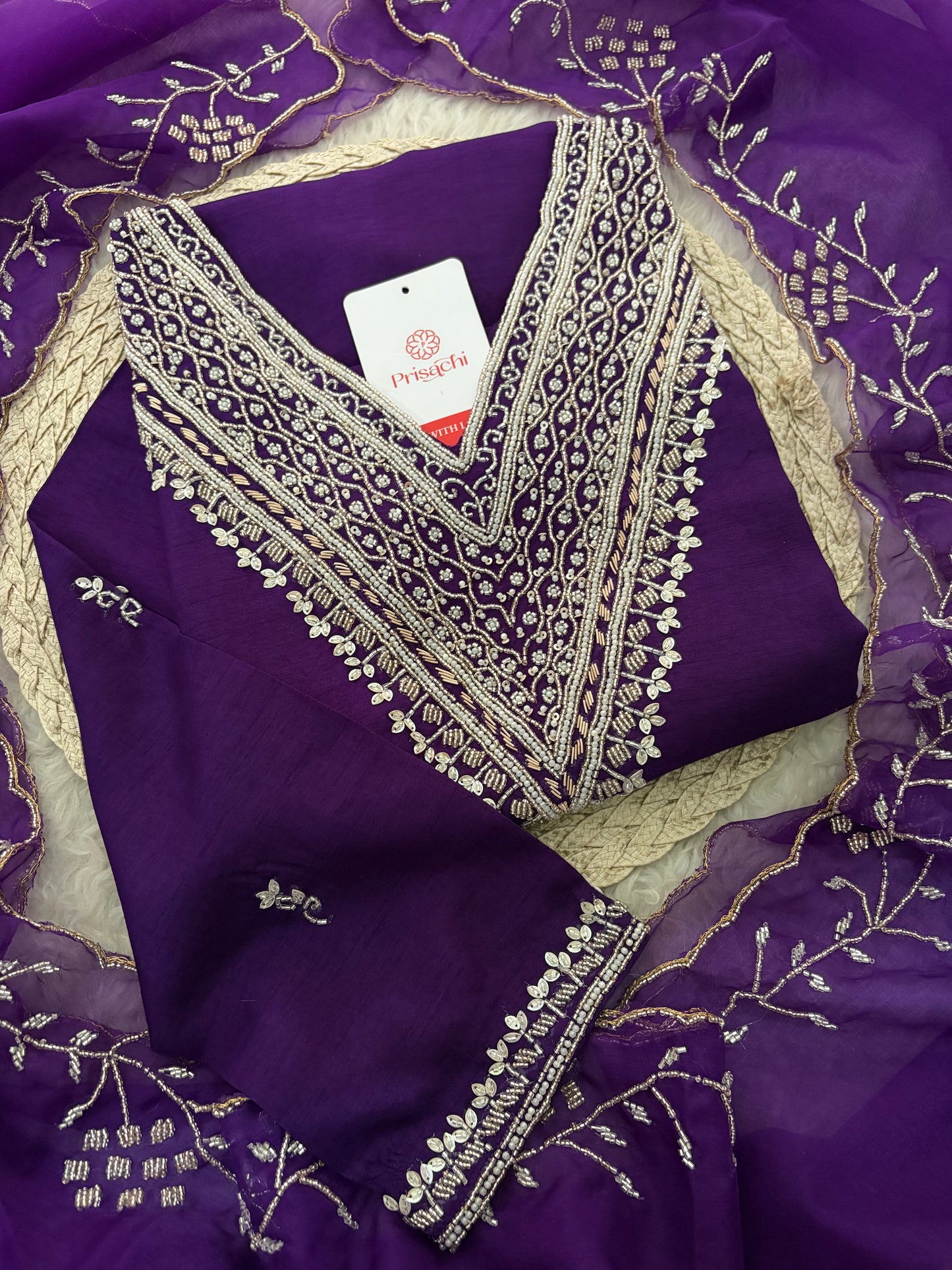 Purple Zardozi Embroidered Kurta Set for Women with Pants & Dupatta | Festive Ethnic wear