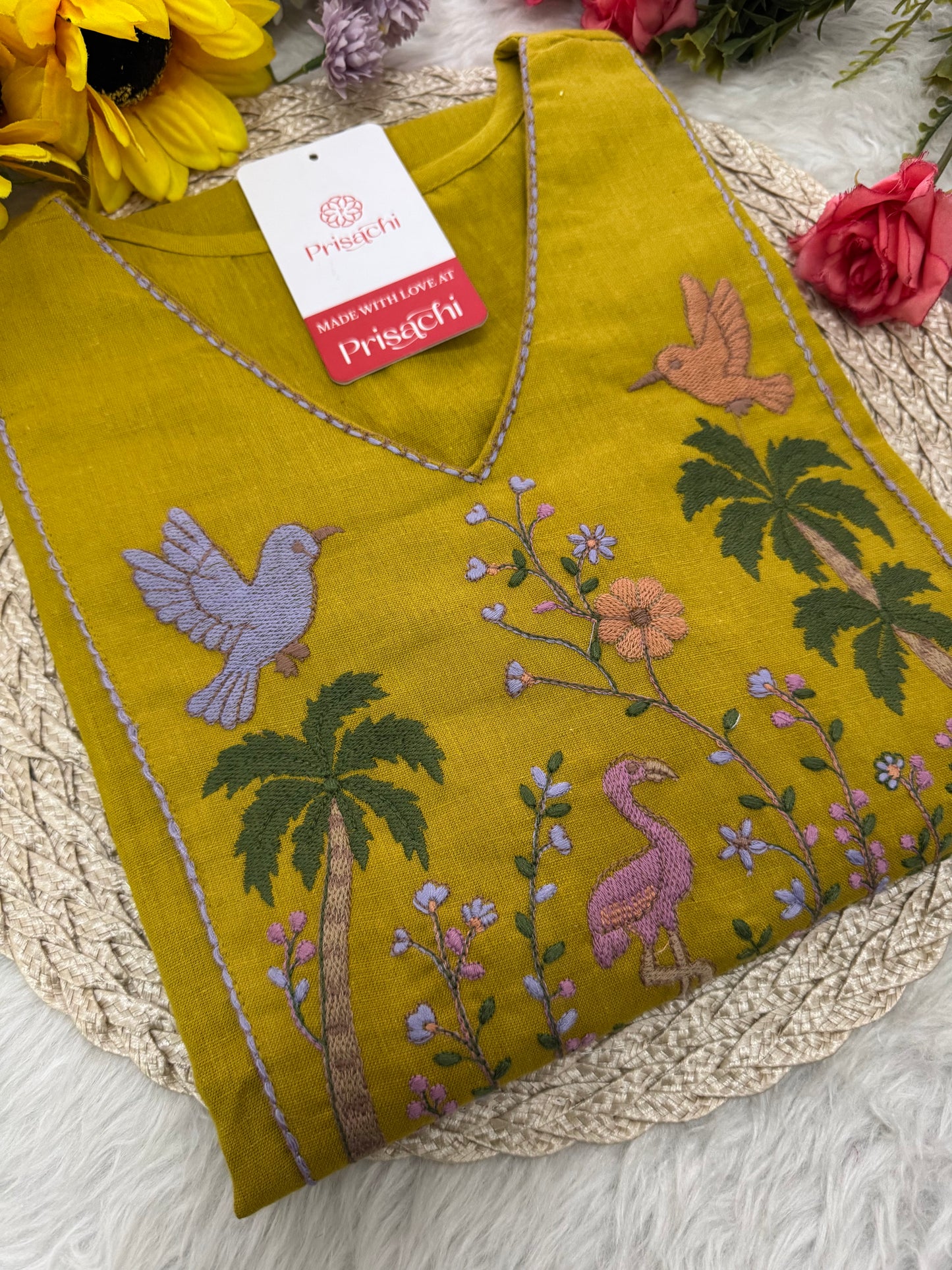 Mustard Yellow Short Straight Thread Embroidered Kurti for Women - Prisachi Official