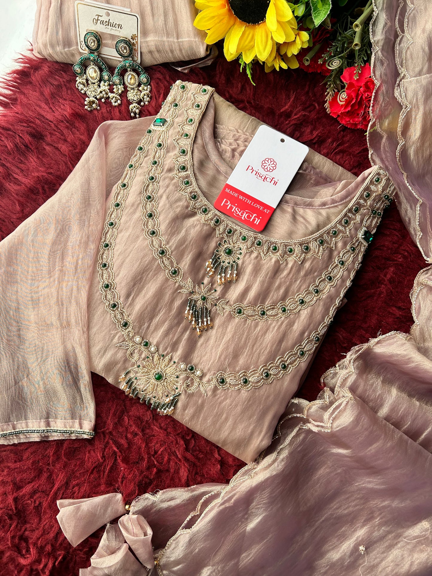 Lavender Zardozi Embroidered Ethnic A-Line Kurta Set for Women with Pants & Dupatta