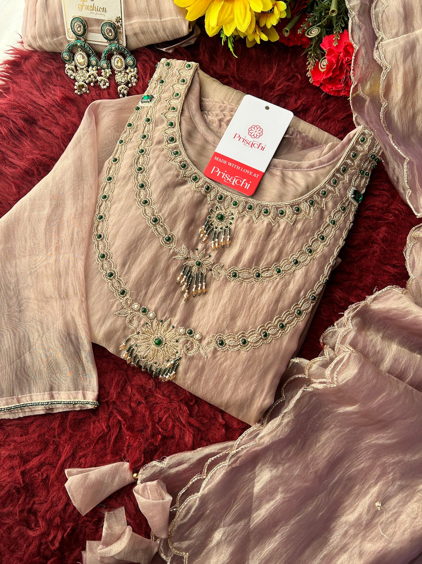 Lavender Zardozi Embroidered Ethnic A-Line Kurta Set for Women with Pants & Dupatta