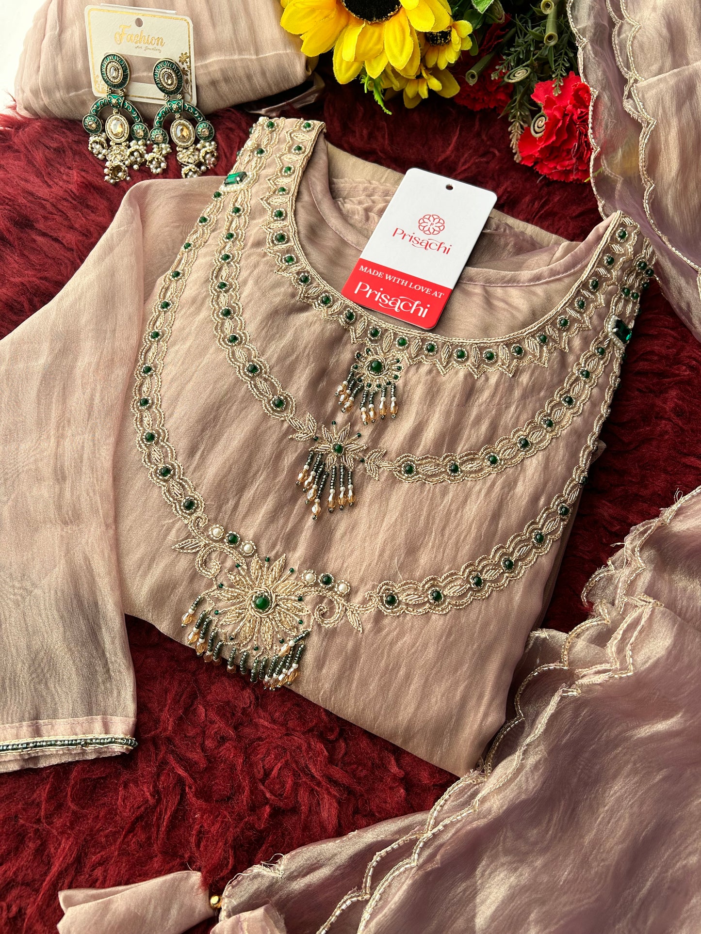 Lavender Zardozi Embroidered Ethnic A-Line Kurta Set for Women with Pants & Dupatta