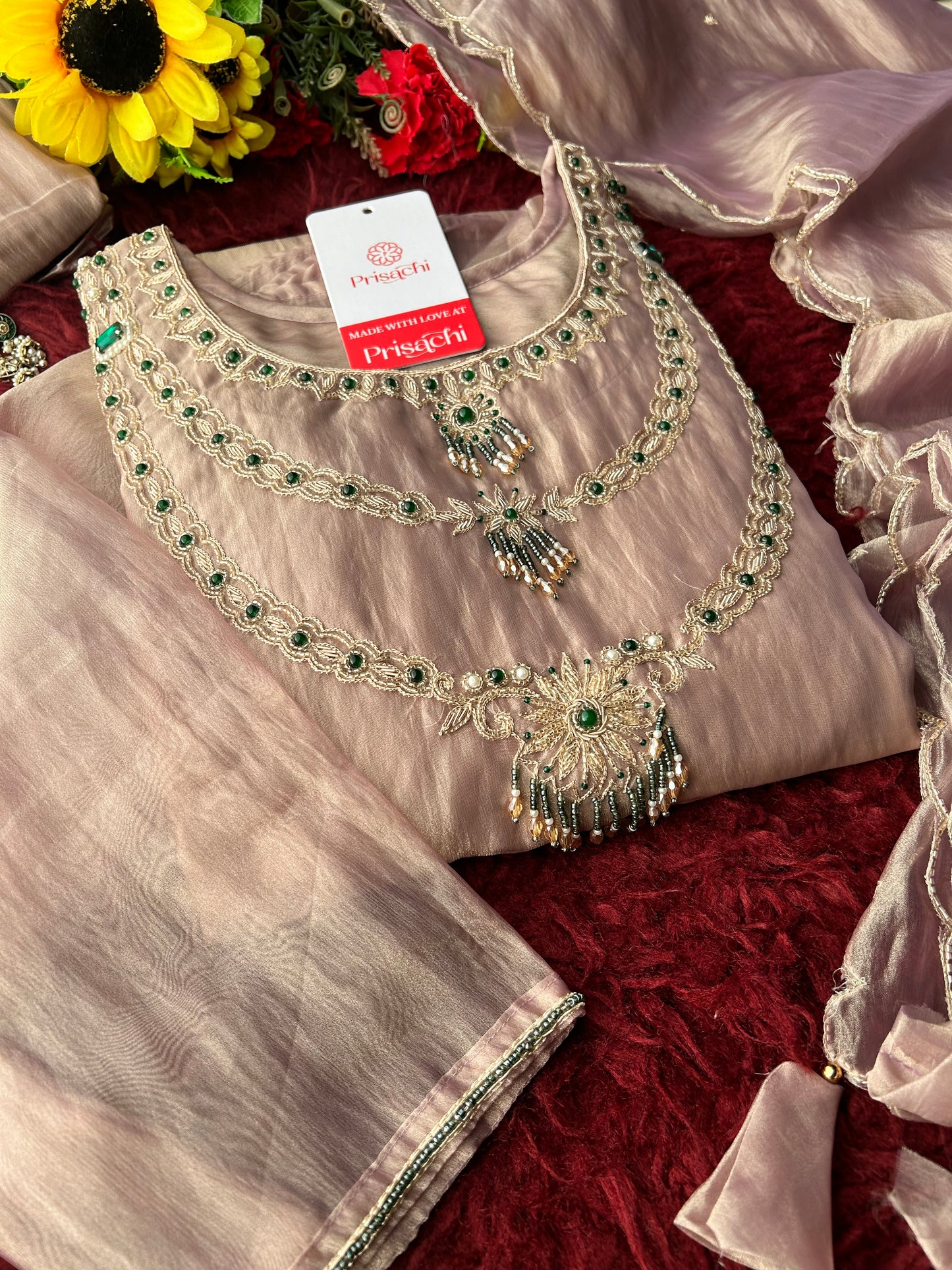 Lavender Zardozi Embroidered Ethnic A-Line Kurta Set for Women with Pants & Dupatta