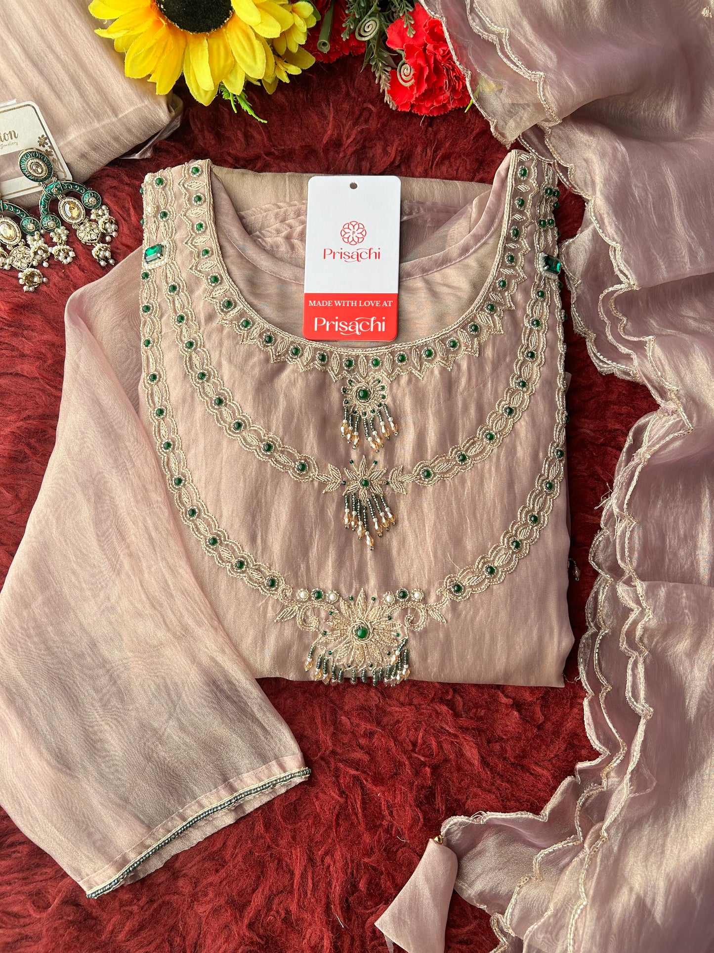 Lavender Zardozi Embroidered Ethnic A-Line Kurta Set for Women with Pants & Dupatta
