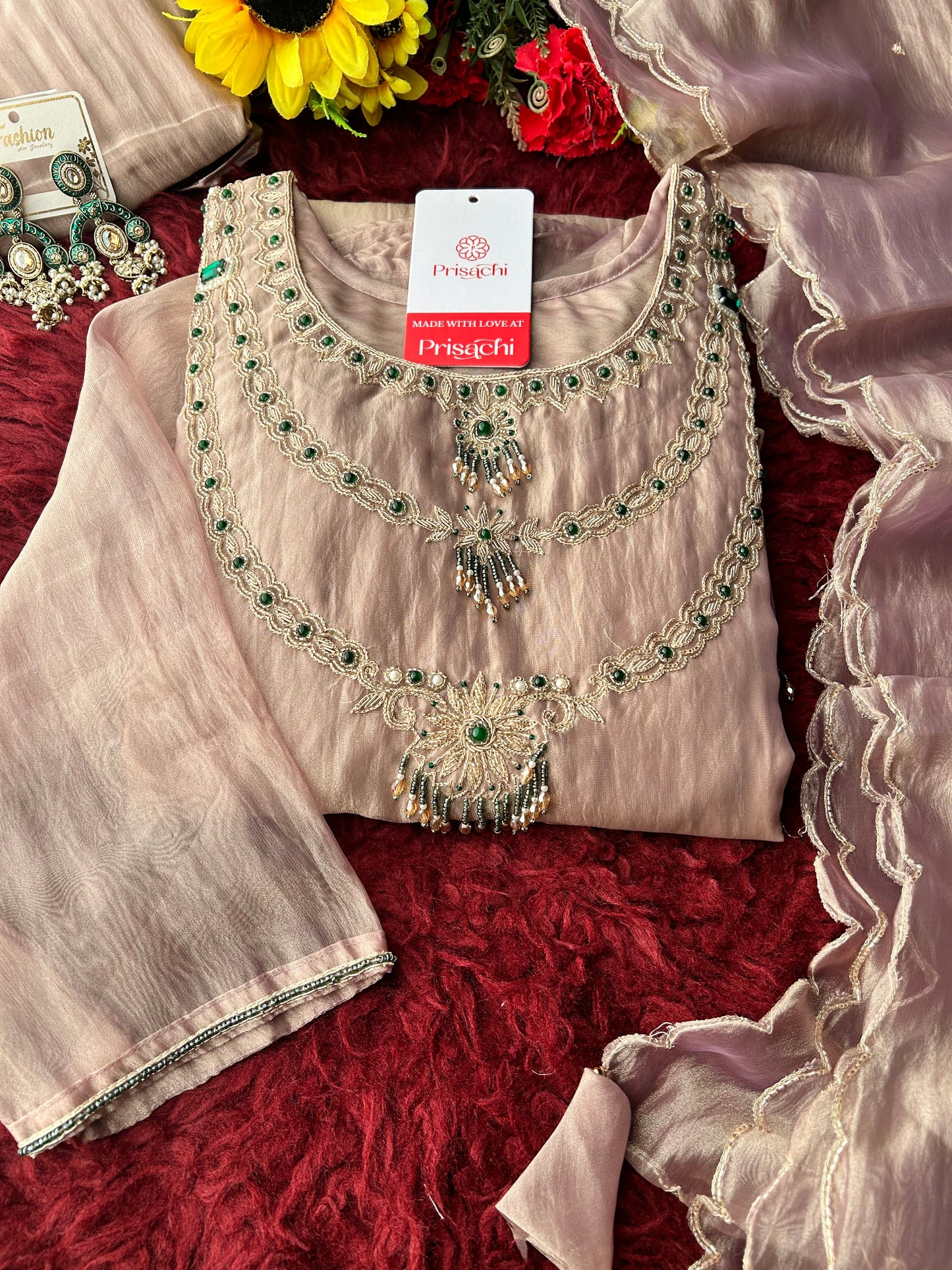 Lavender Zardozi Embroidered Ethnic A-Line Kurta Set for Women with Pants & Dupatta