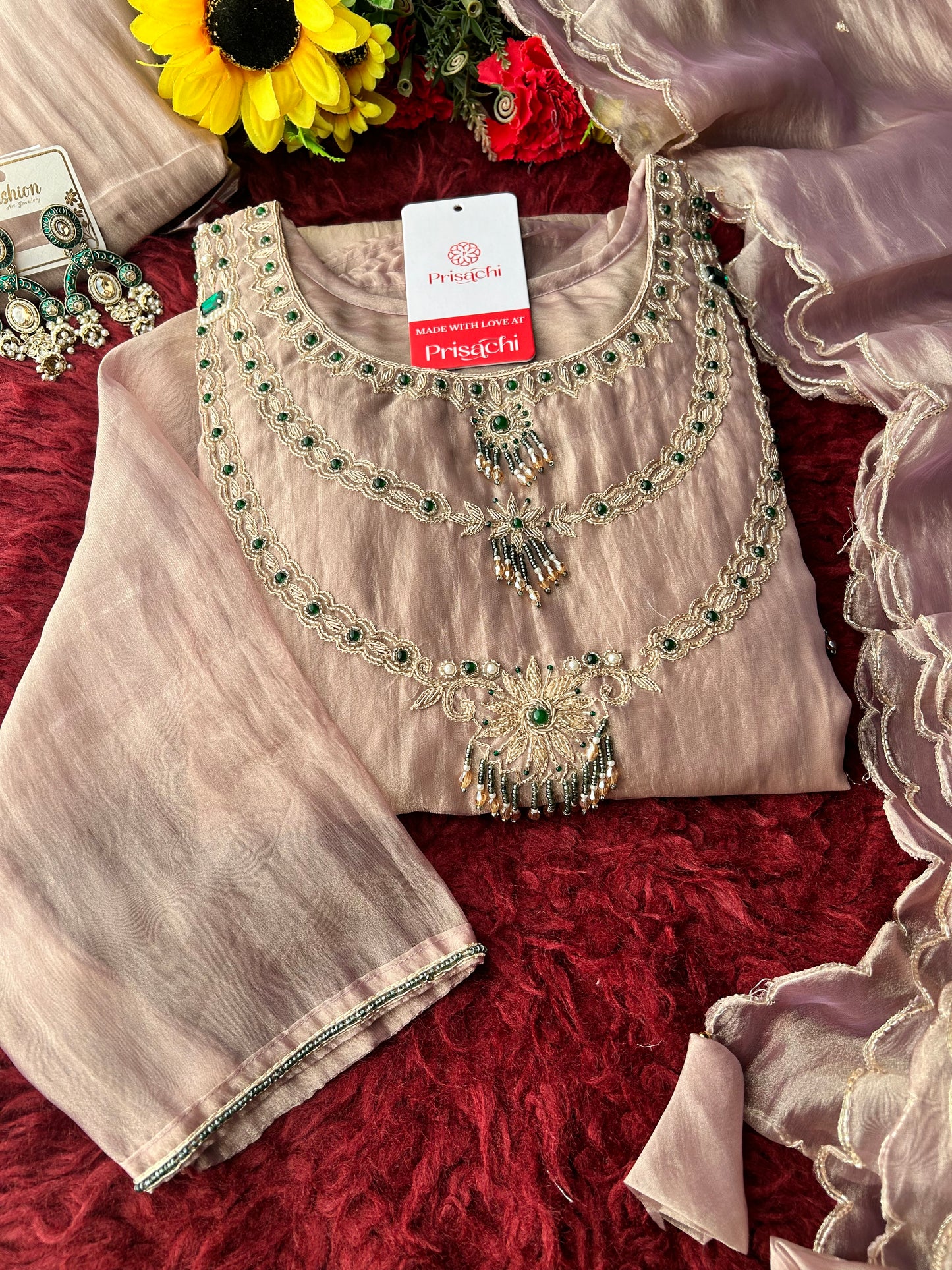 Lavender Zardozi Embroidered Ethnic A-Line Kurta Set for Women with Pants & Dupatta