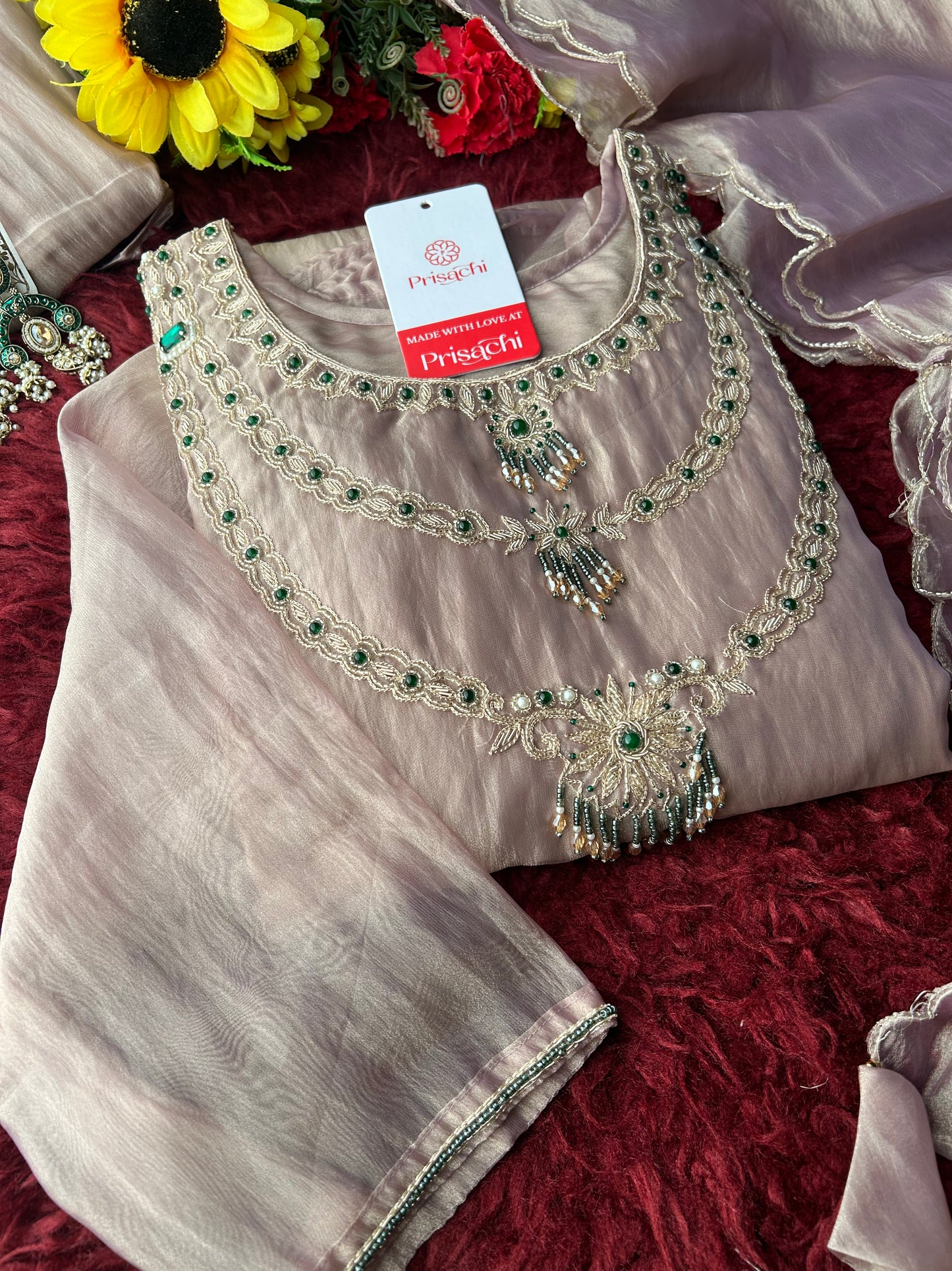 Lavender Zardozi Embroidered Ethnic A-Line Kurta Set for Women with Pants & Dupatta
