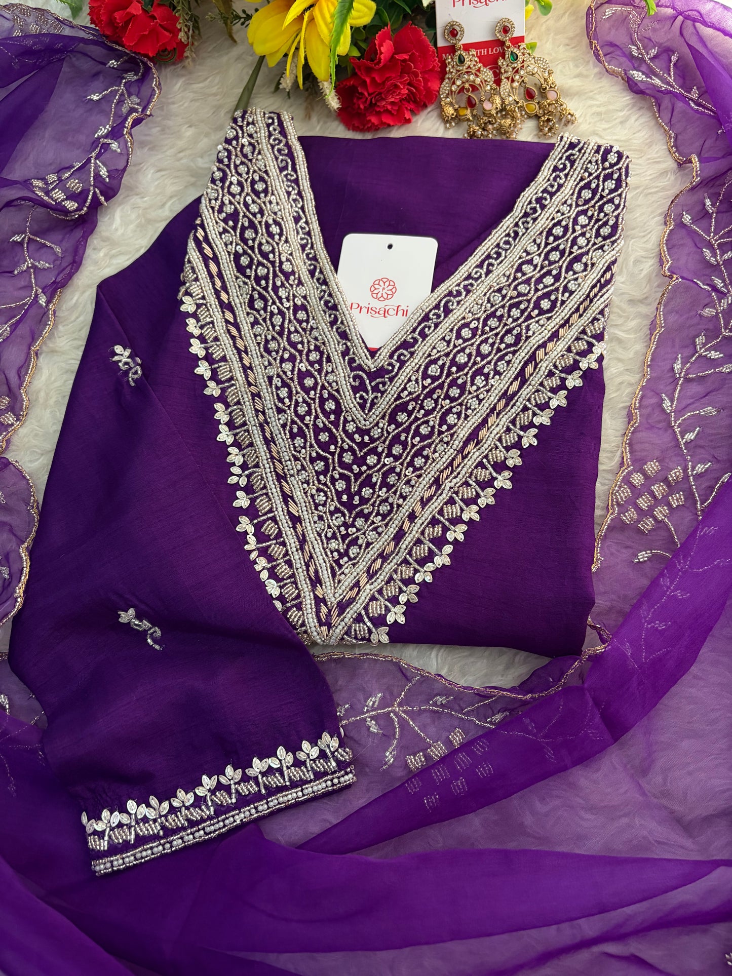 Purple Zardozi Embroidered Kurta Set for Women with Pants & Dupatta | Festive Ethnic wear