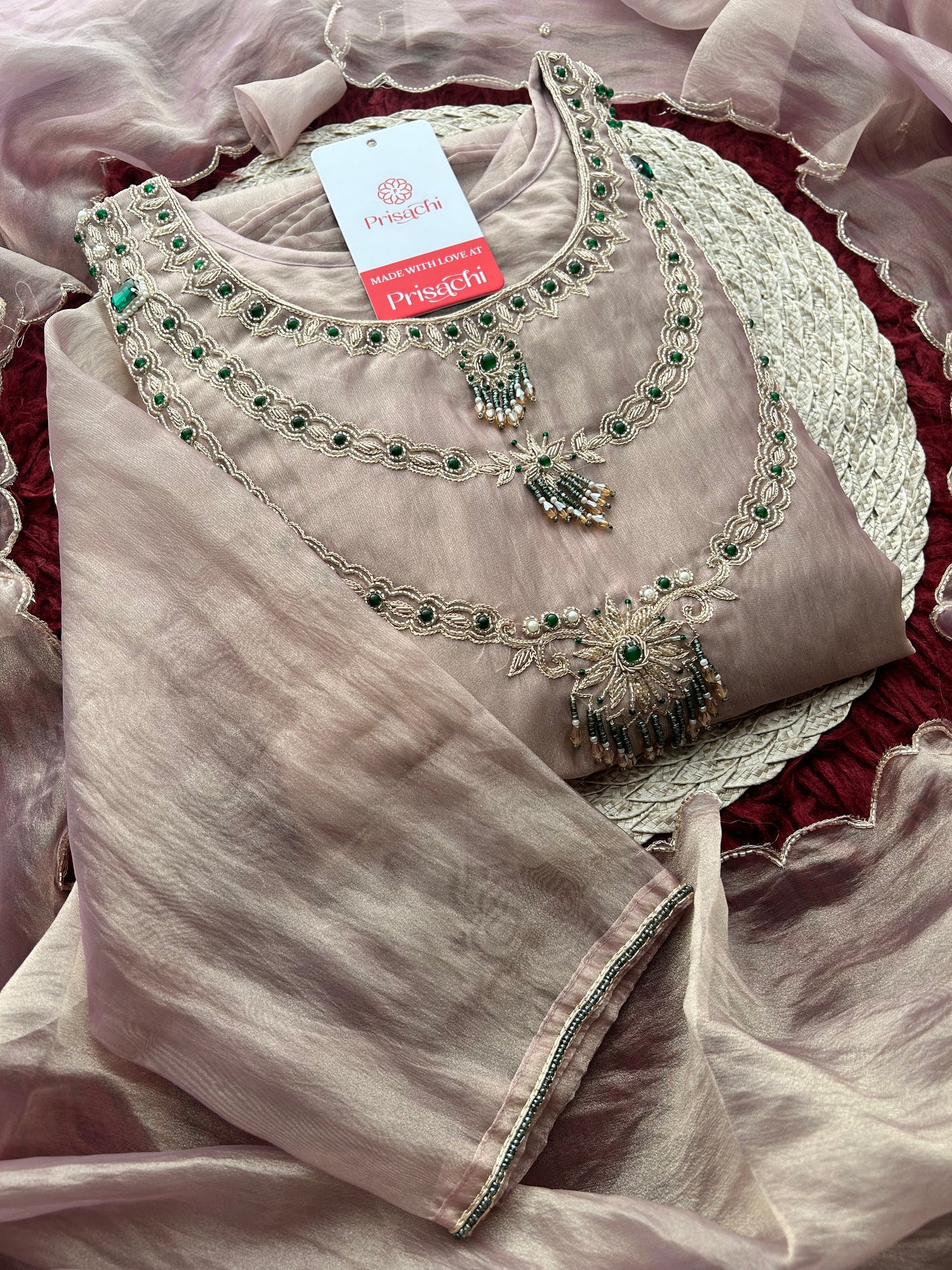 Lavender Zardozi Embroidered Ethnic A-Line Kurta Set for Women with Pants & Dupatta