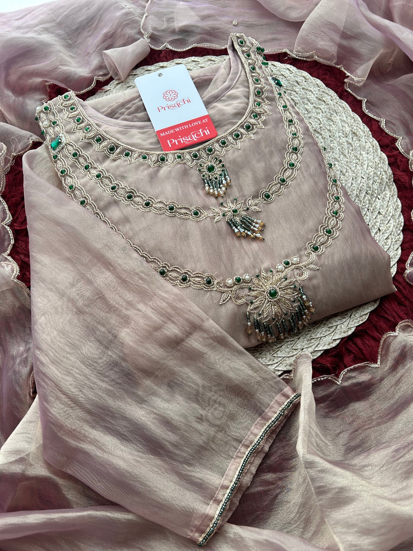 Lavender Zardozi Embroidered Ethnic A-Line Kurta Set for Women with Pants & Dupatta