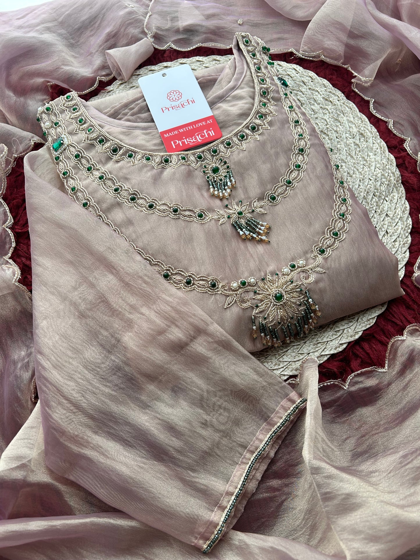 Lavender Zardozi Embroidered Ethnic A-Line Kurta Set for Women with Pants & Dupatta