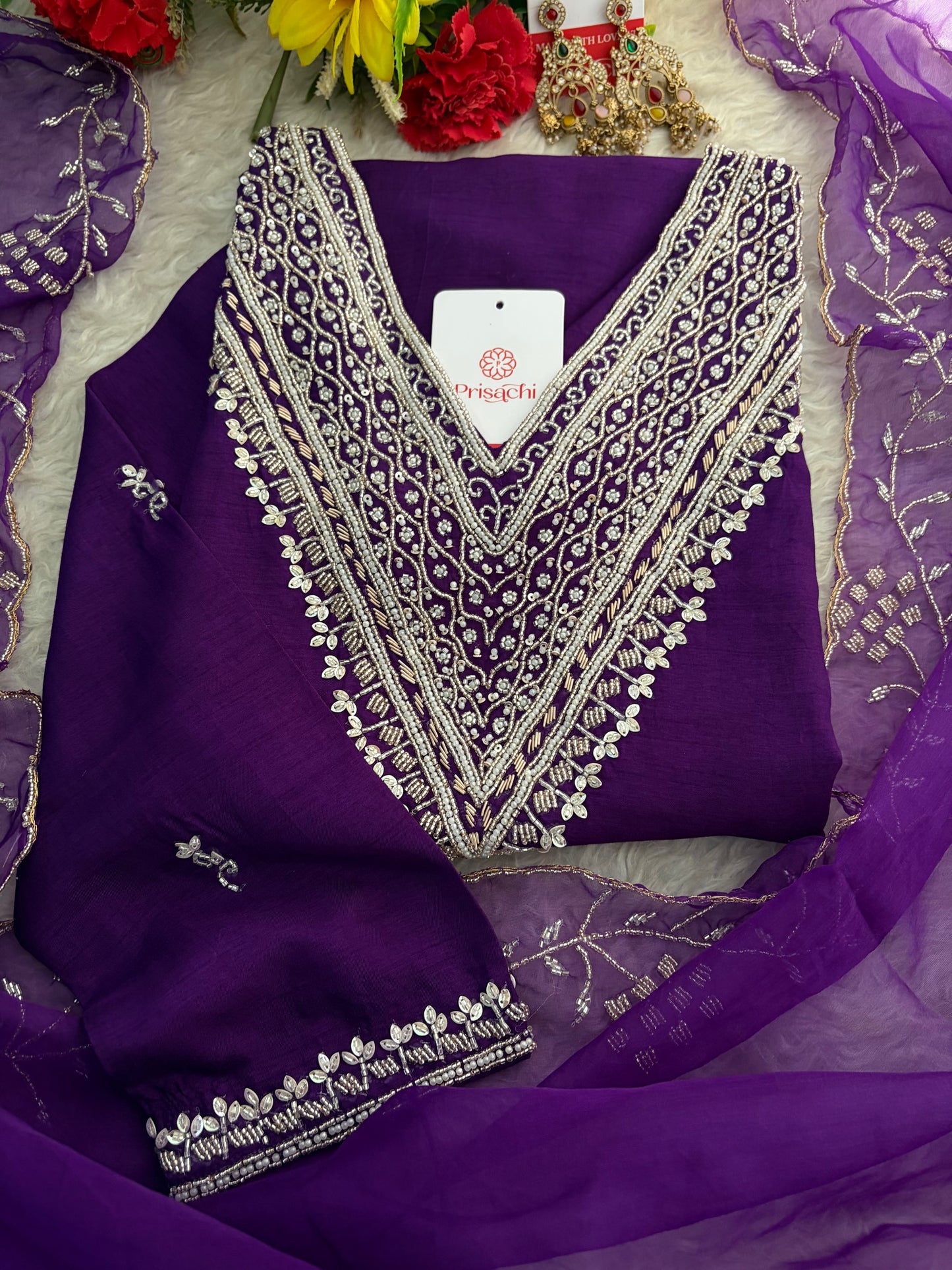 Purple Zardozi Embroidered Kurta Set for Women with Pants & Dupatta | Festive Ethnic wear