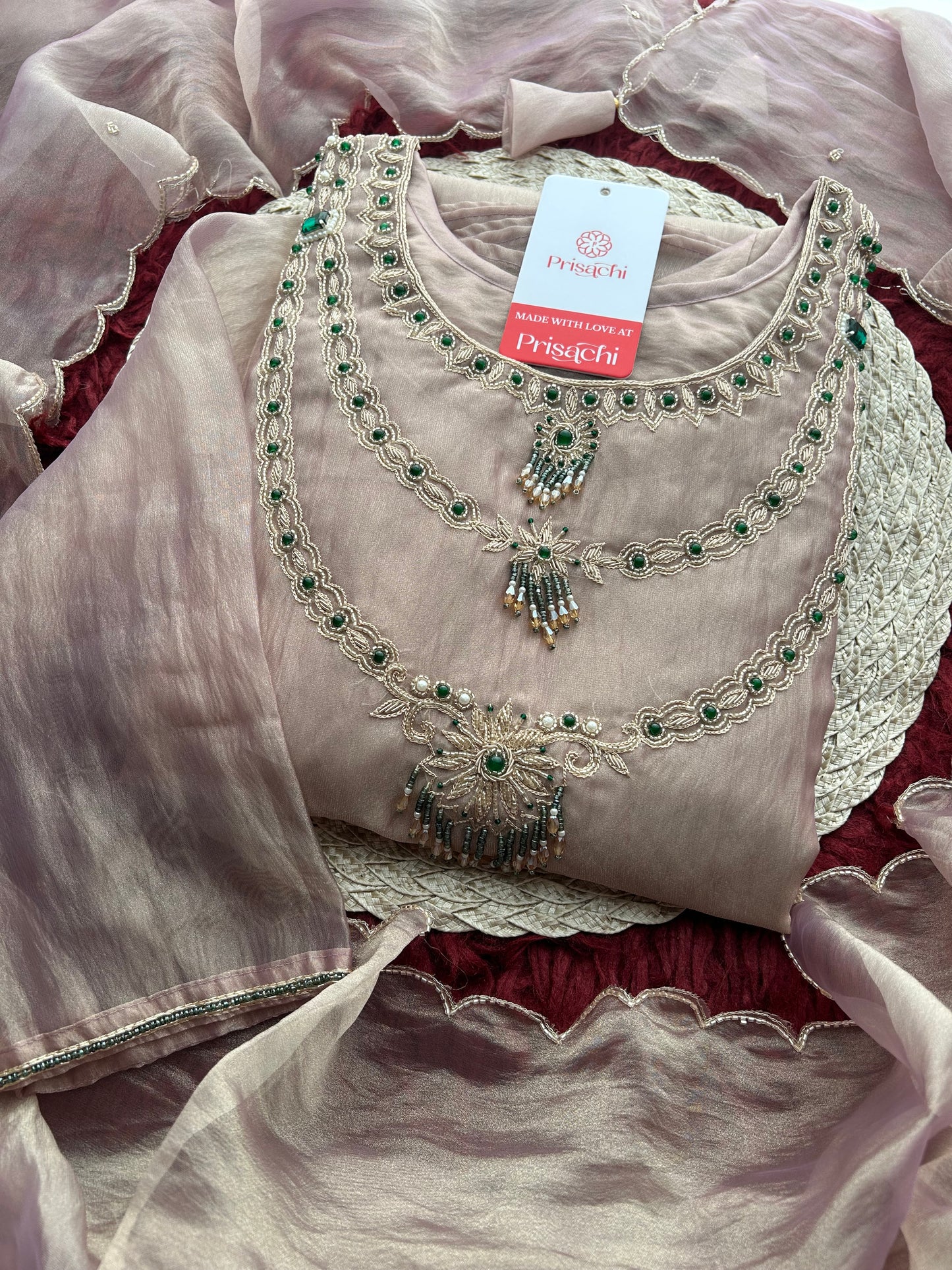 Lavender Zardozi Embroidered Ethnic A-Line Kurta Set for Women with Pants & Dupatta