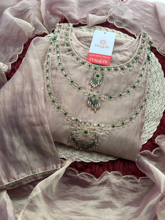 Mauve Zardozi Embroidered Ethnic A-Line Kurta Set for Women with Pants & Dupatta