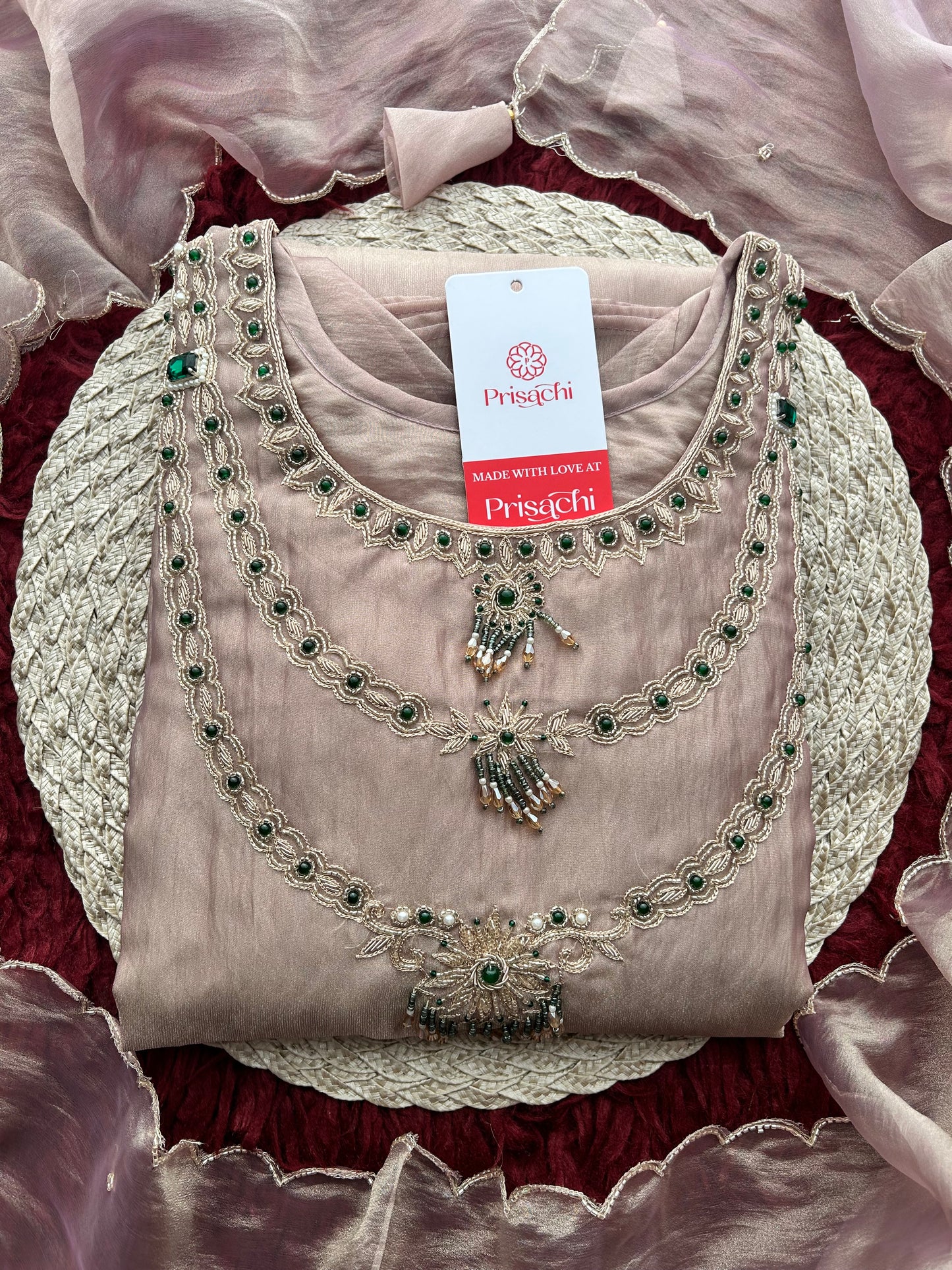 Lavender Zardozi Embroidered Ethnic A-Line Kurta Set for Women with Pants & Dupatta