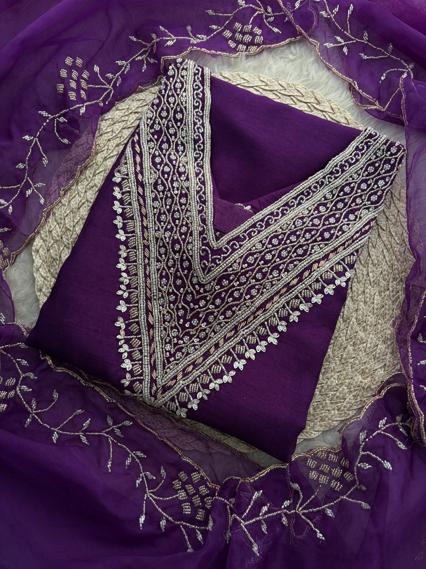 Purple Zardozi Embroidered Kurta Set for Women with Pants & Dupatta | Festive Ethnic wear