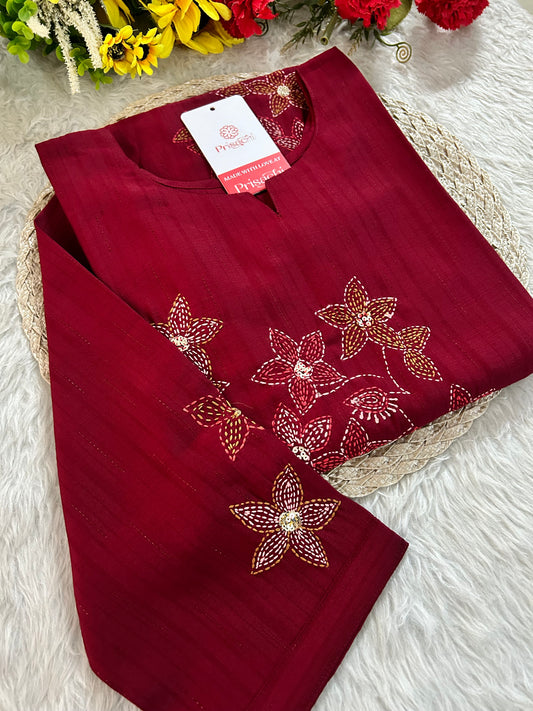 Maroon Straight Thread Embroidered Kurti for Women | Designer Ethnic Office & Casual Wear