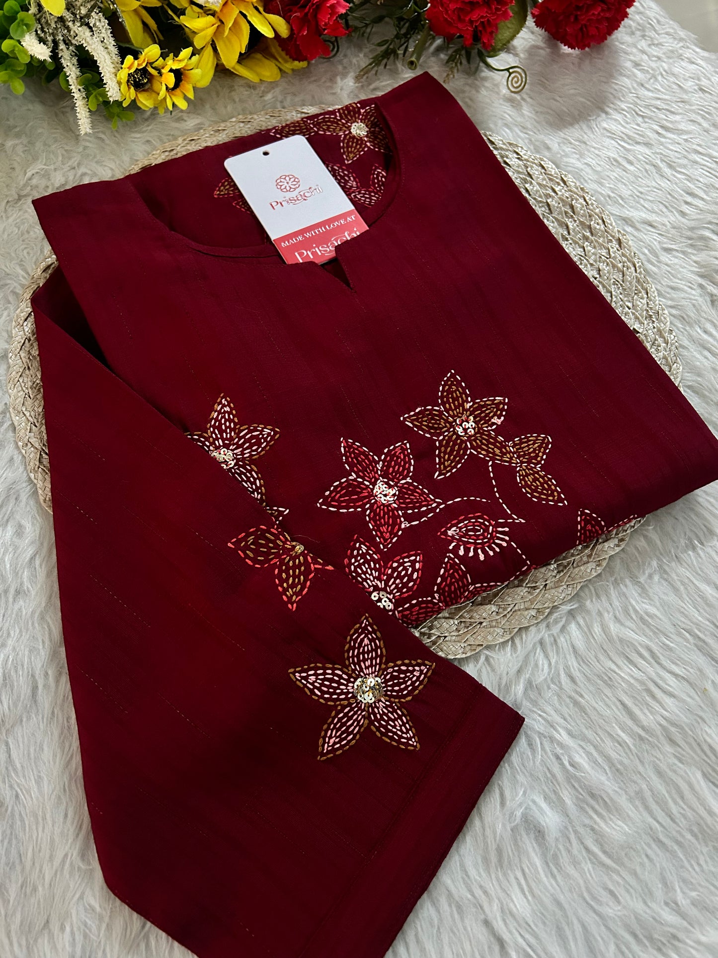 Maroon Straight Thread Embroidered Kurti for Women | Designer Ethnic Office & Casual Wear