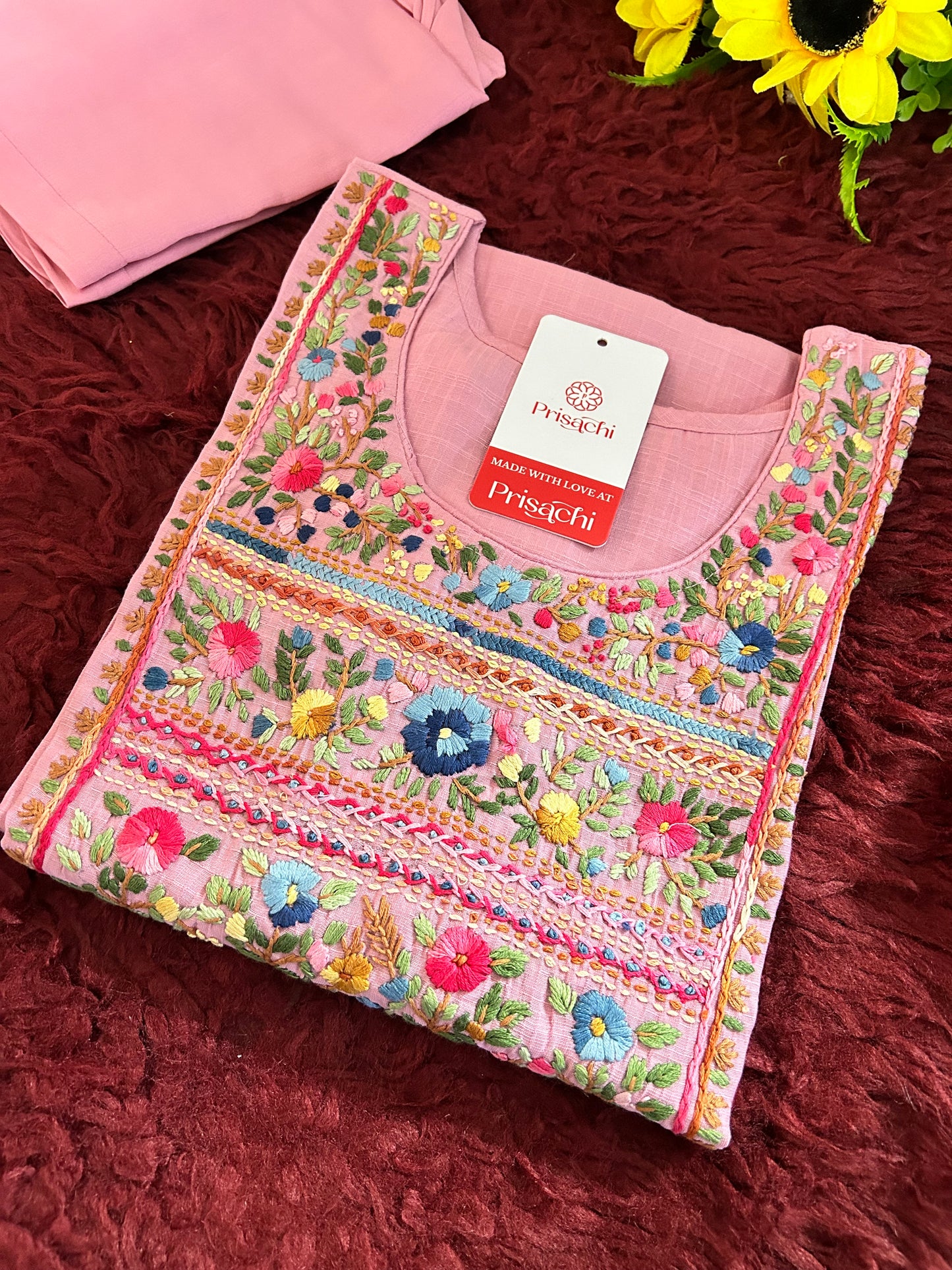 Pink Thread Embroidered Kurti Pant Co-ord Set | Ethnic Office & Casual Wear