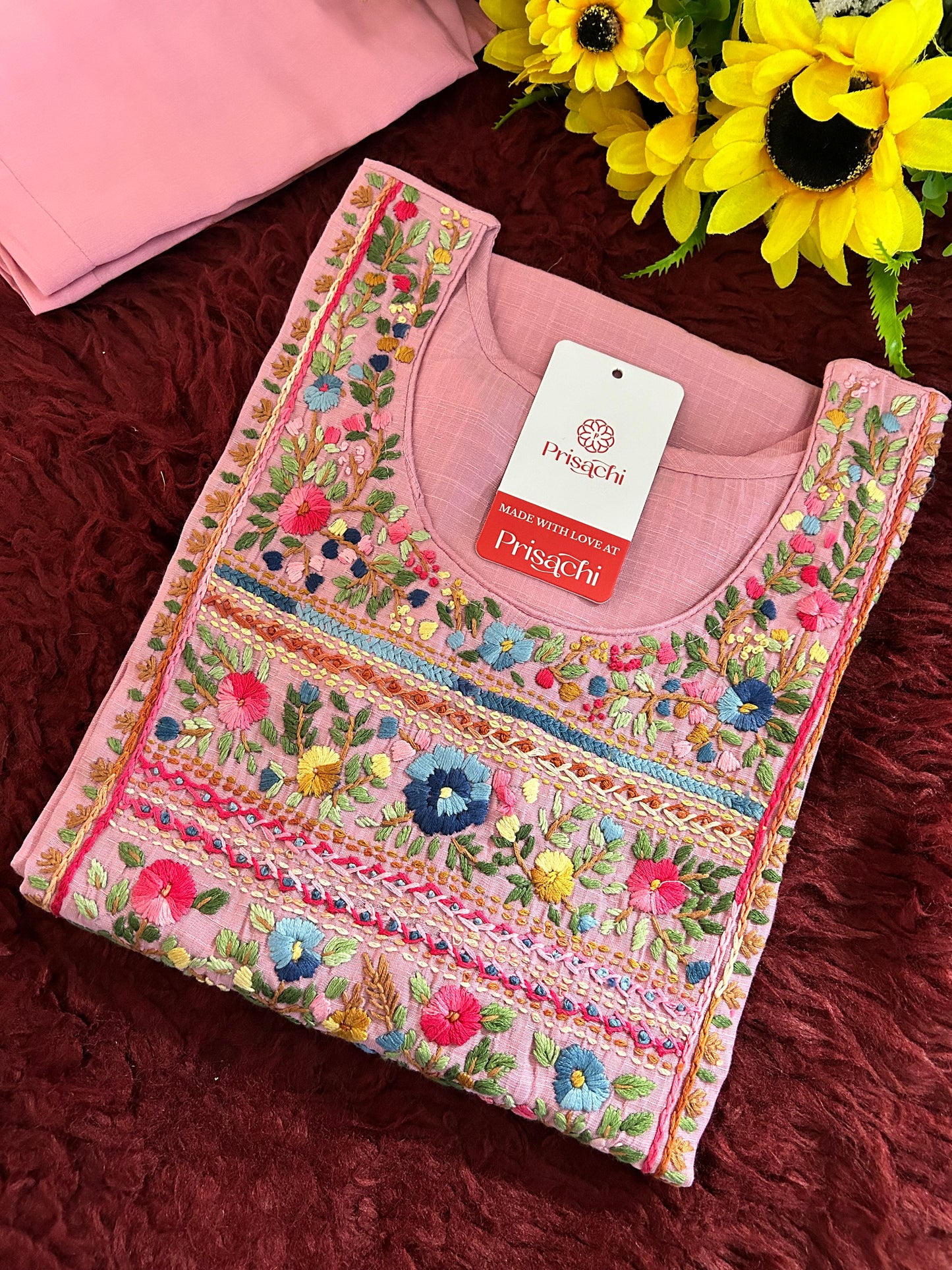 Pink Thread Embroidered Kurti Pant Co-ord Set | Ethnic Office & Casual Wear