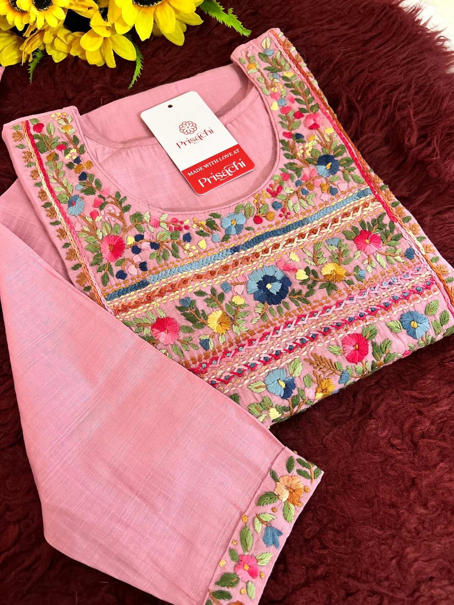 Pink Thread Embroidered Kurti Pant Co-ord Set | Ethnic Office & Casual Wear