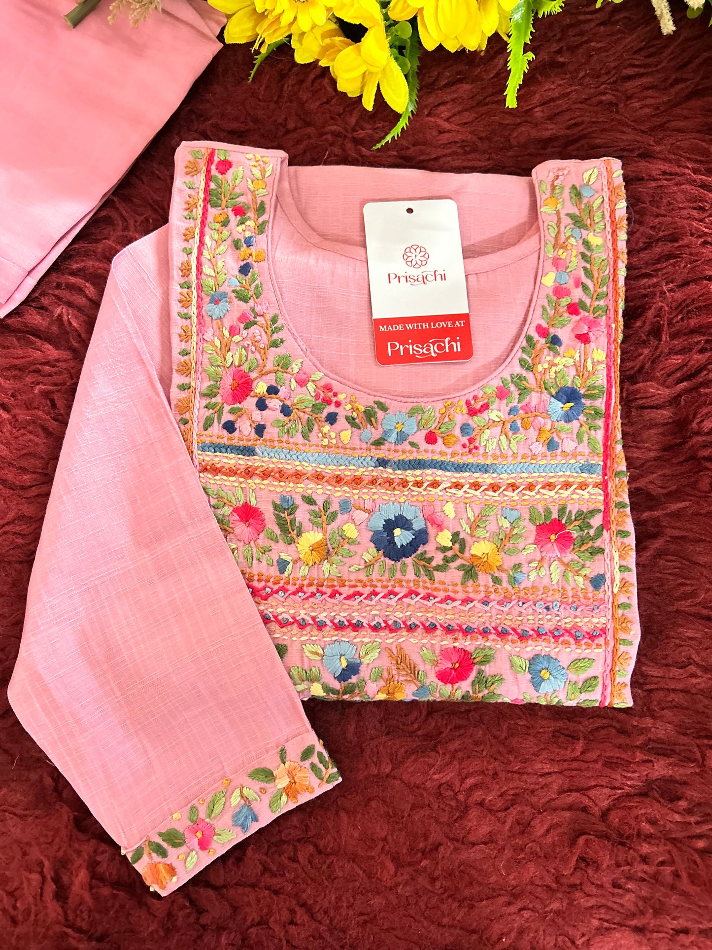 Pink Thread Embroidered Kurti Pant Co-ord Set | Ethnic Office & Casual Wear