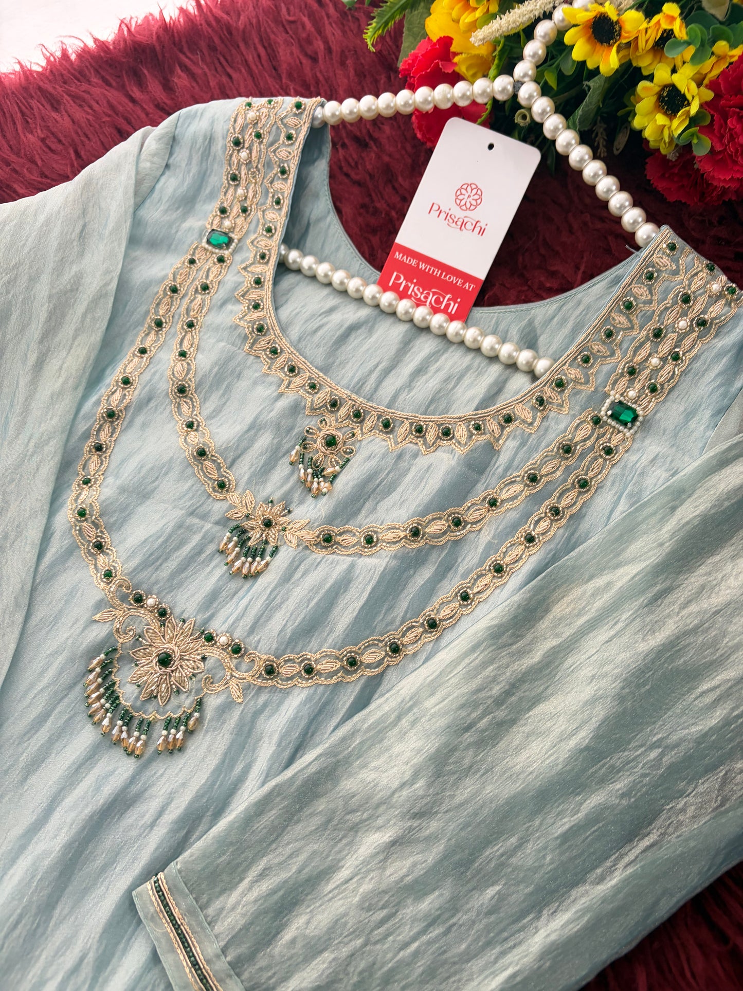 Sky Blue Zardozi Embroidered Ethnic A-Line Kurta Set for Women with Pants & Dupatta