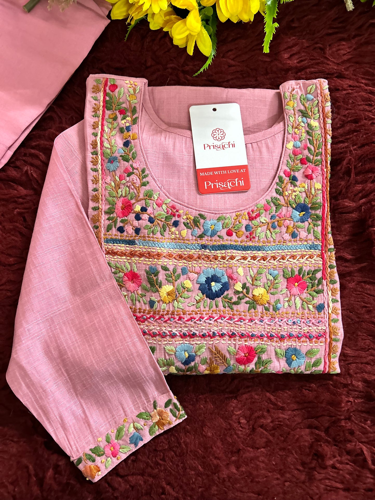Pink Thread Embroidered Kurti Pant Co-ord Set | Ethnic Office & Casual Wear