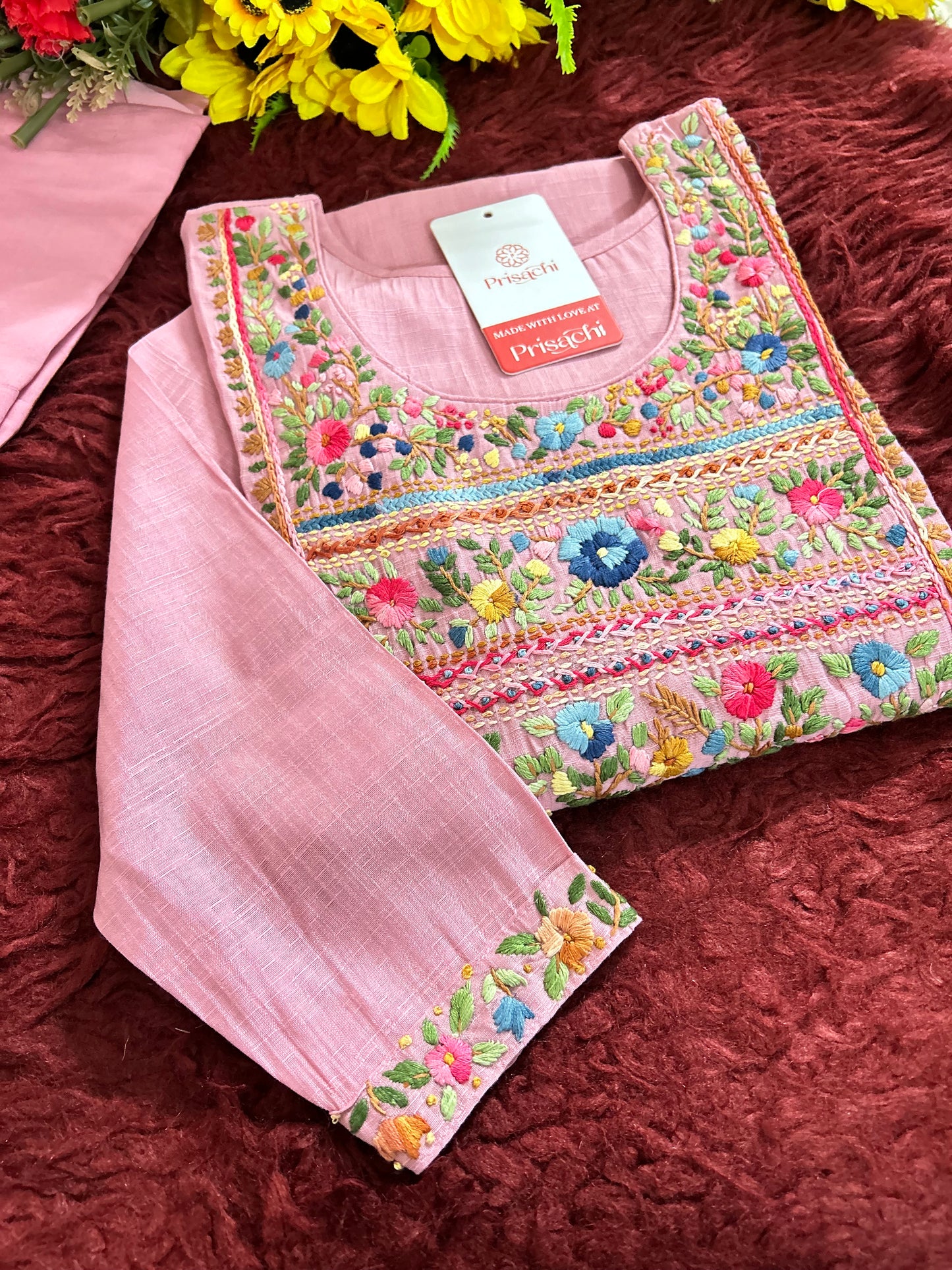 Pink Thread Embroidered Kurti Pant Co-ord Set | Ethnic Office & Casual Wear