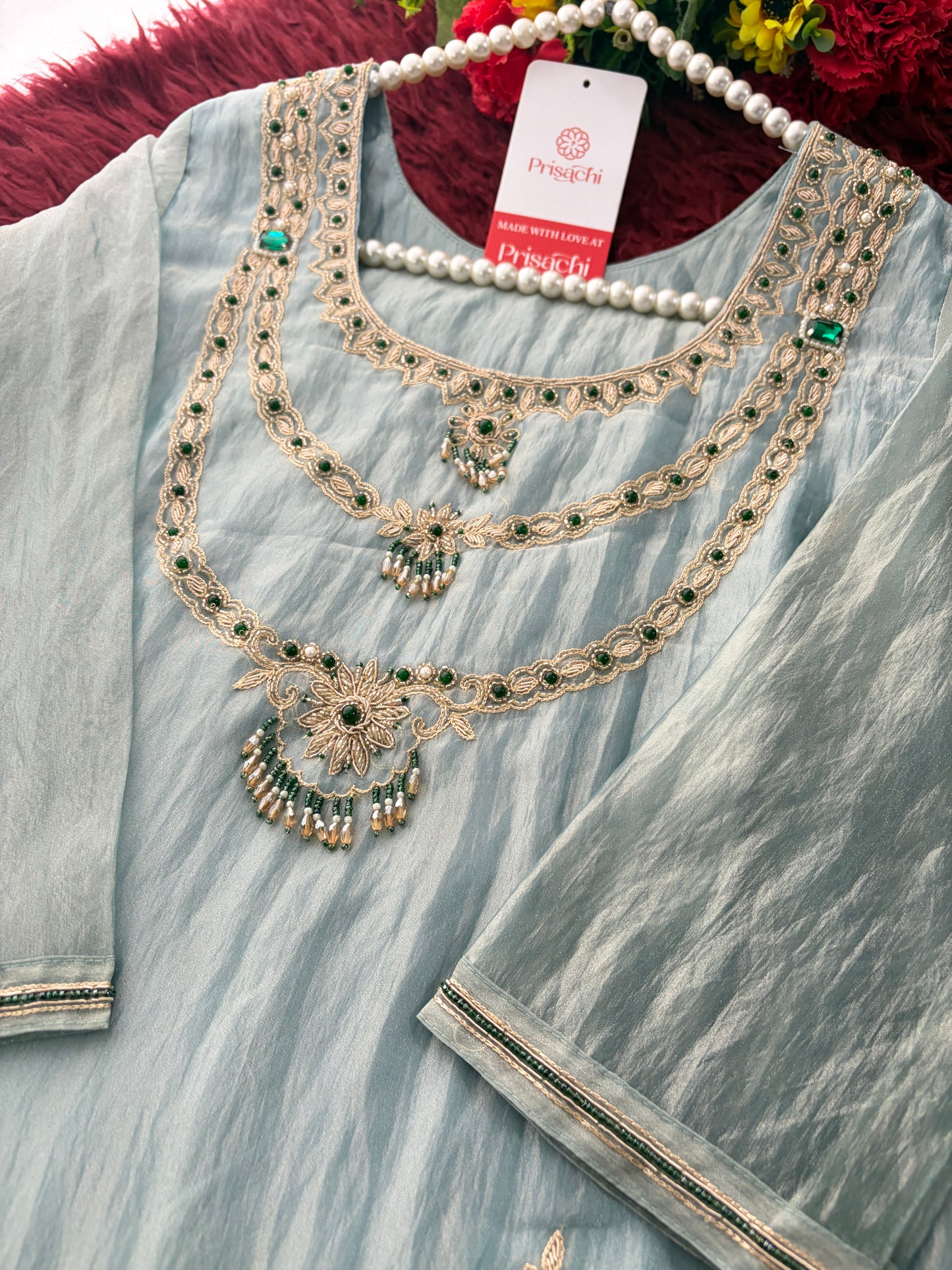 Sky Blue Zardozi Embroidered Ethnic A-Line Kurta Set for Women with Pants & Dupatta