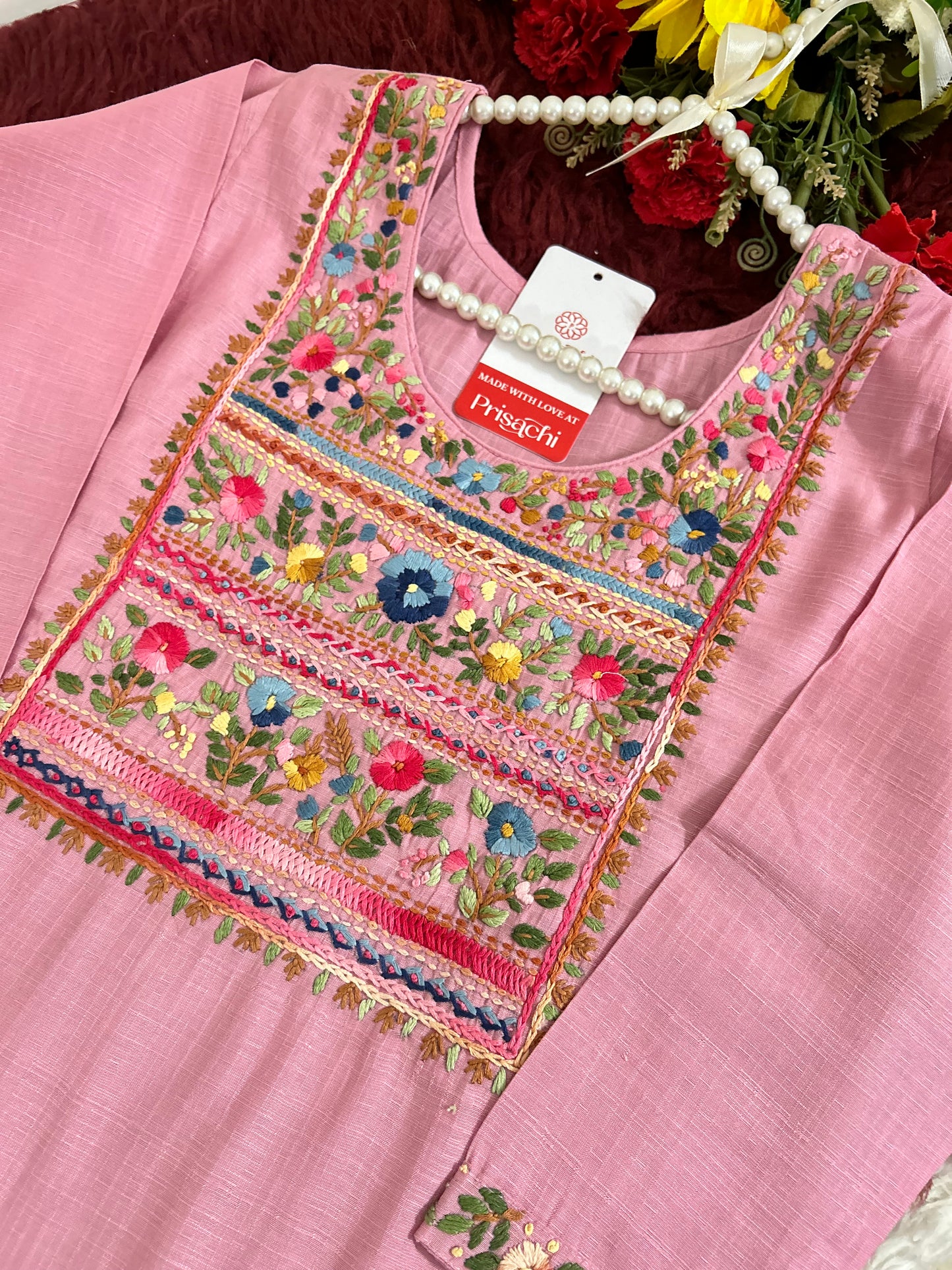 Pink Thread Embroidered Kurti Pant Co-ord Set | Ethnic Office & Casual Wear