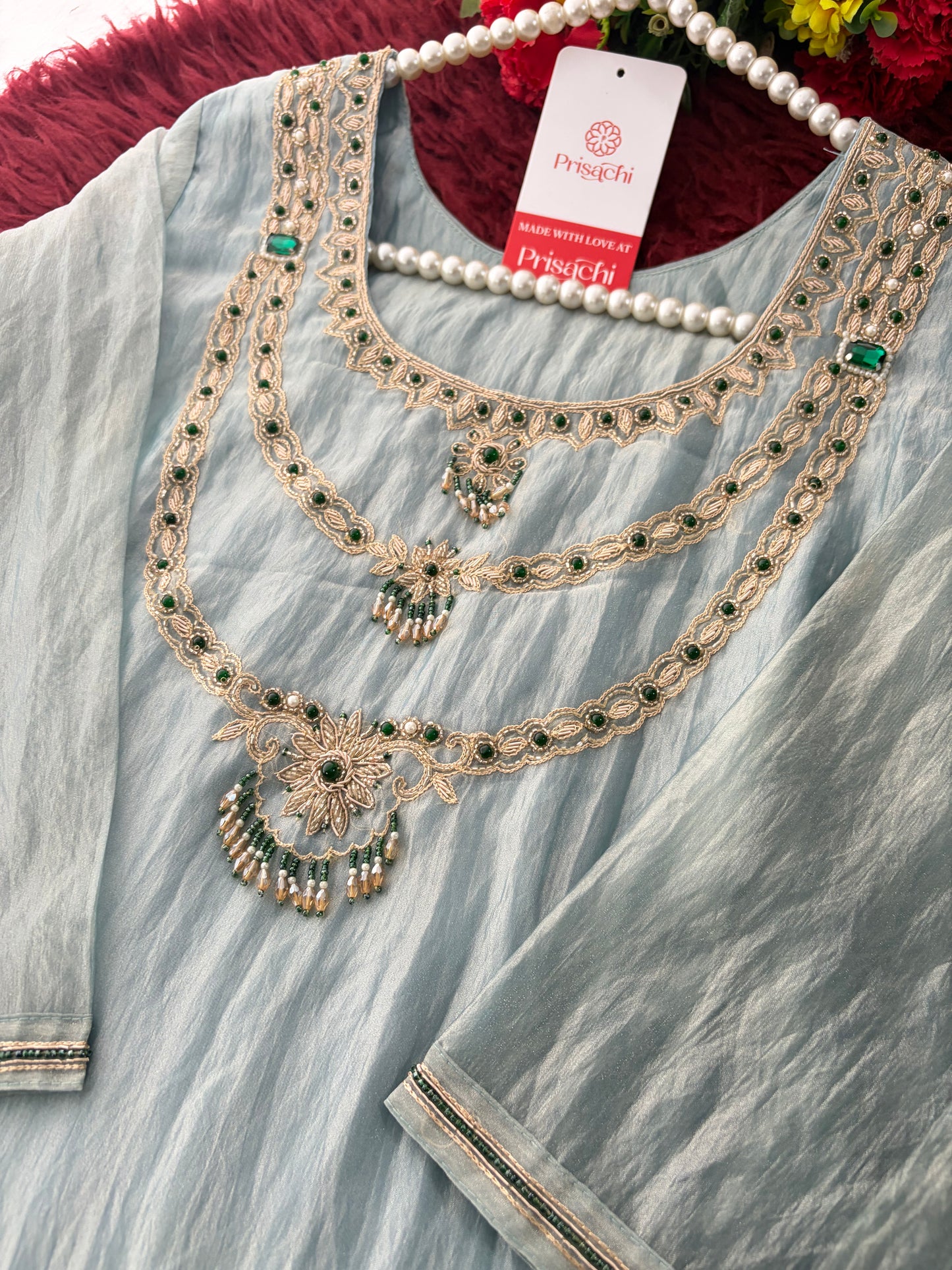 Sky Blue Zardozi Embroidered Ethnic A-Line Kurta Set for Women with Pants & Dupatta