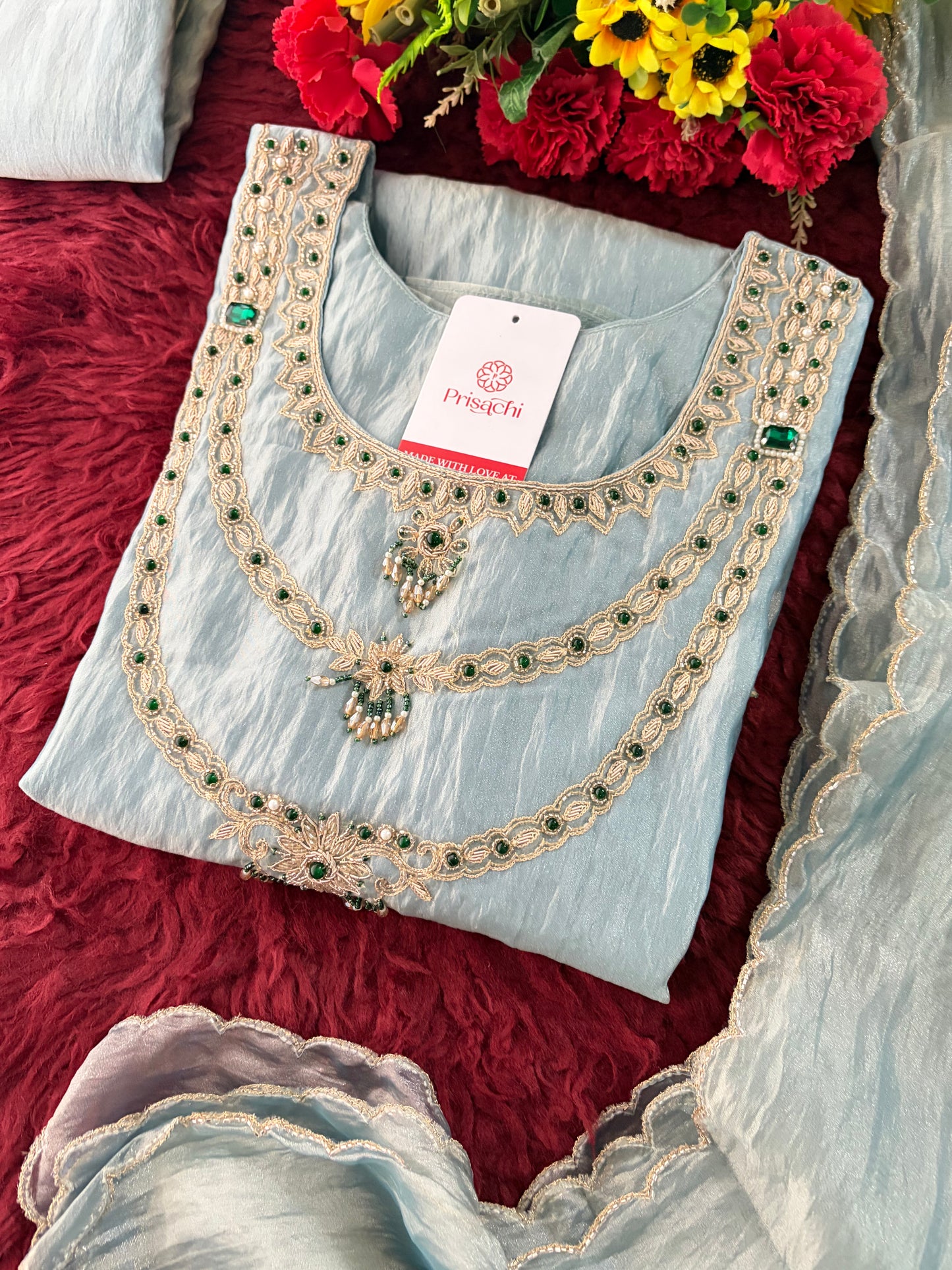 Sky Blue Zardozi Embroidered Ethnic A-Line Kurta Set for Women with Pants & Dupatta