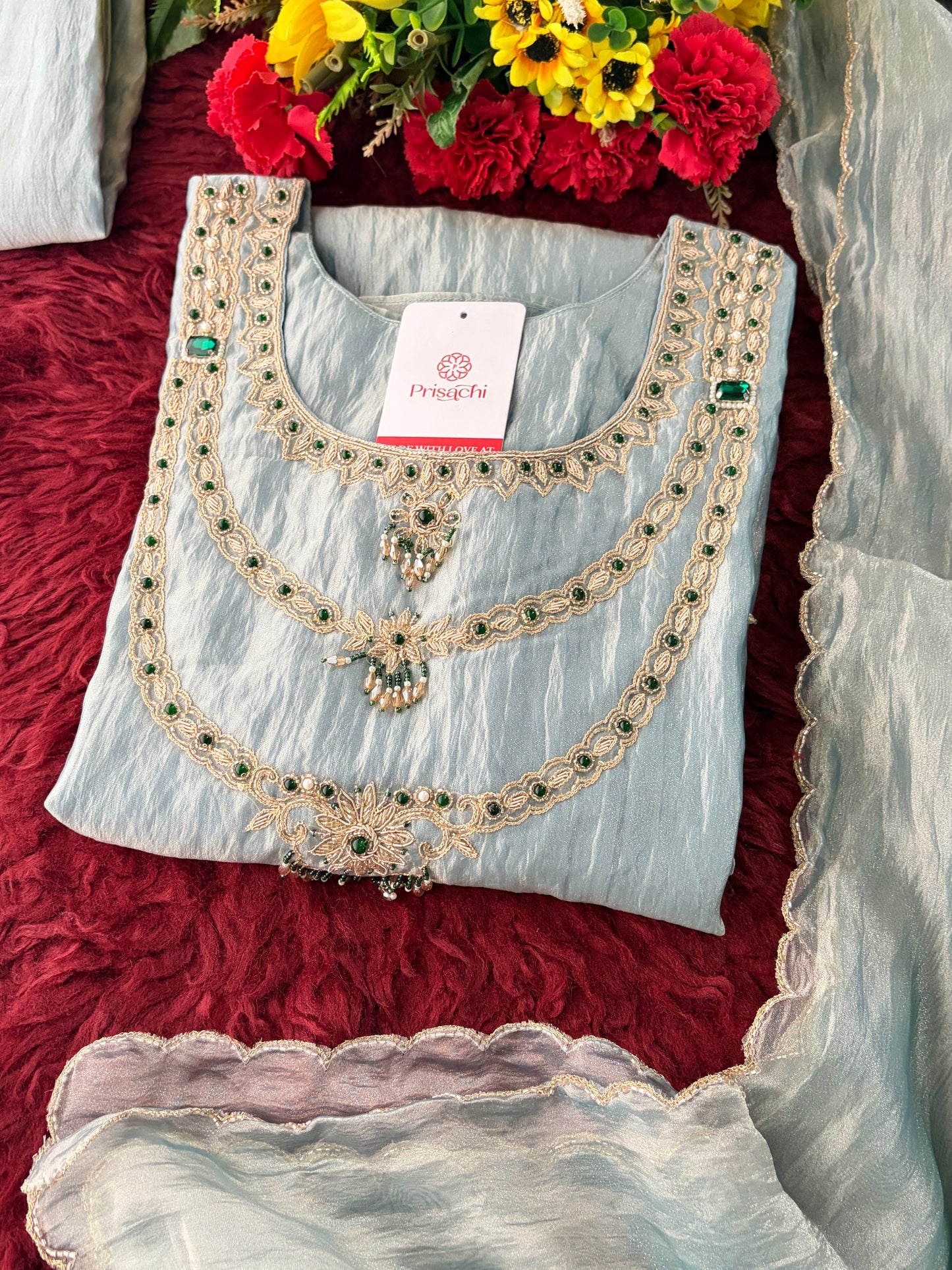 Sky Blue Zardozi Embroidered Ethnic A-Line Kurta Set for Women with Pants & Dupatta