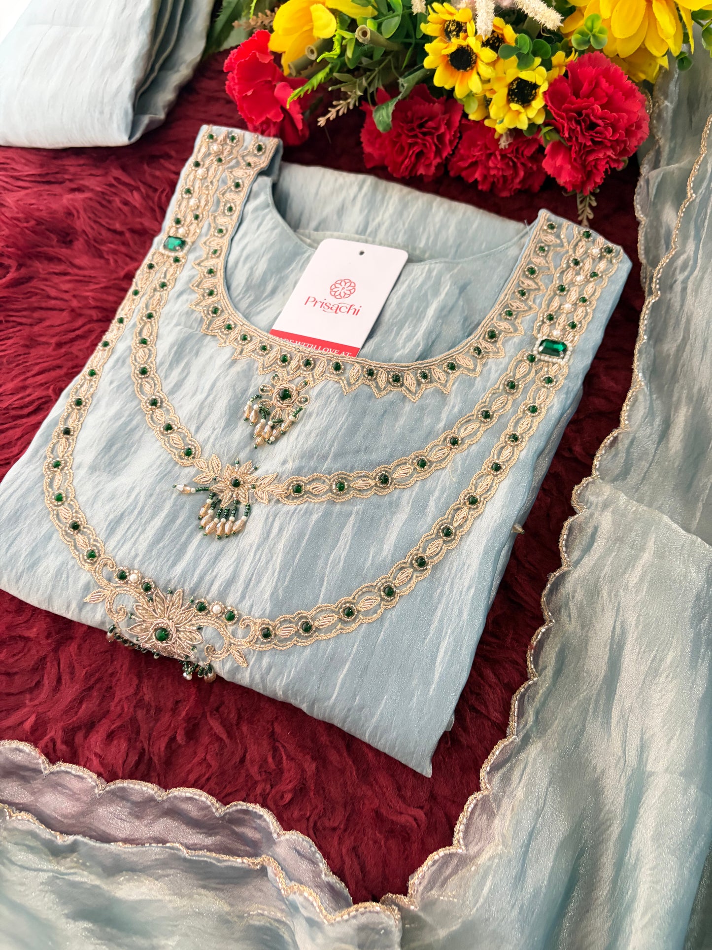 Sky Blue Zardozi Embroidered Ethnic A-Line Kurta Set for Women with Pants & Dupatta