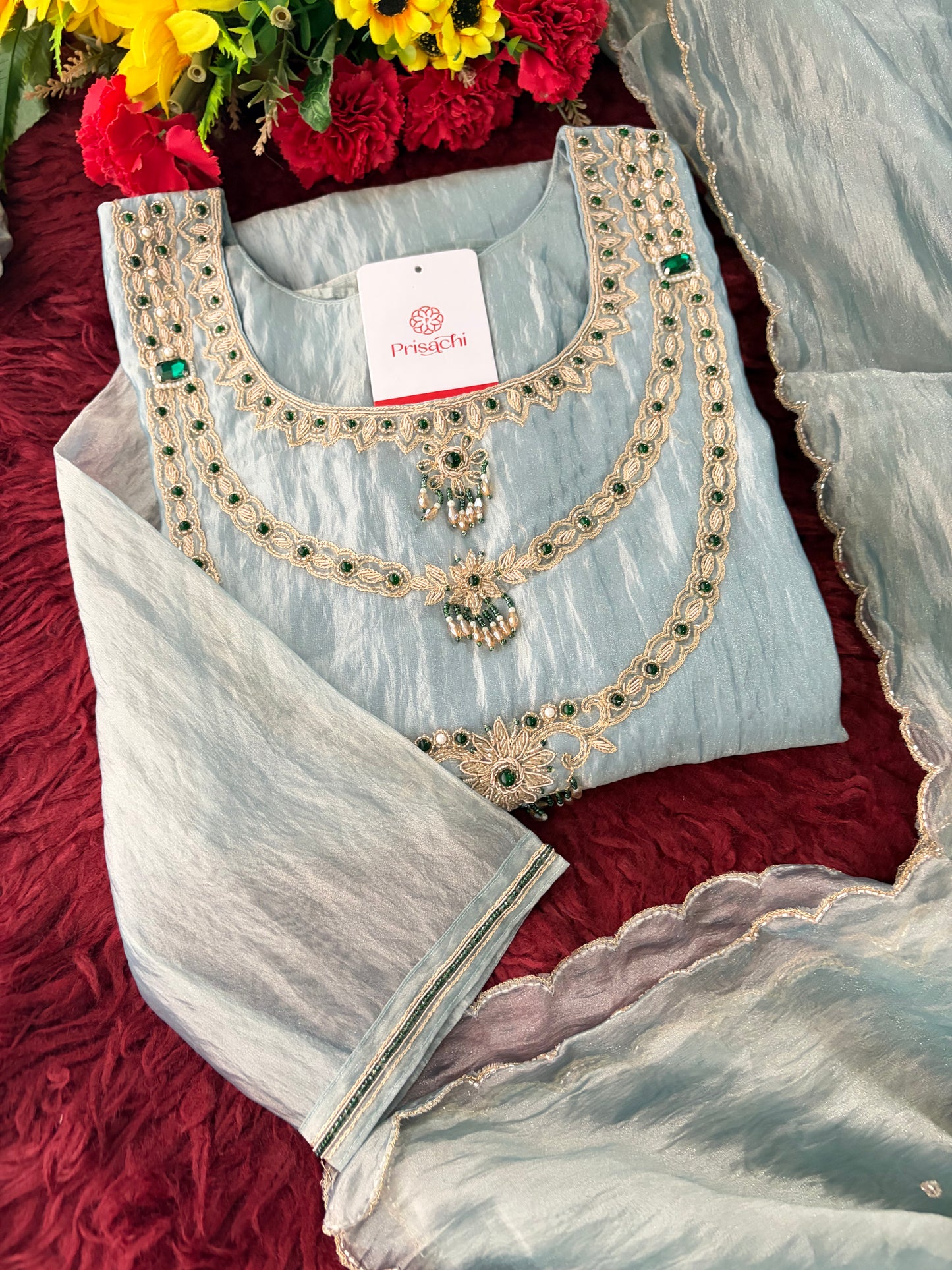 Sky Blue Zardozi Embroidered Ethnic A-Line Kurta Set for Women with Pants & Dupatta