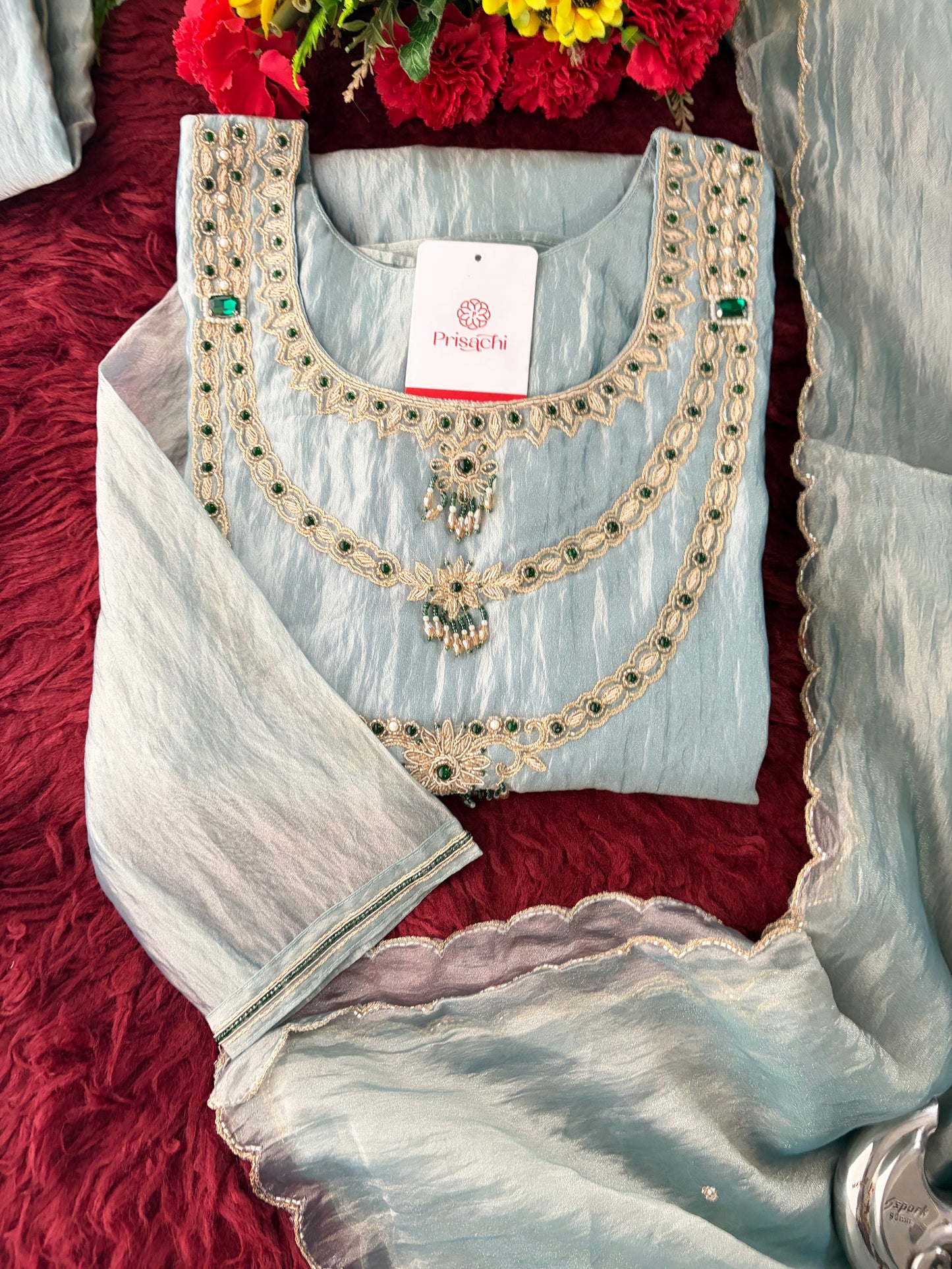 Sky Blue Zardozi Embroidered Ethnic A-Line Kurta Set for Women with Pants & Dupatta