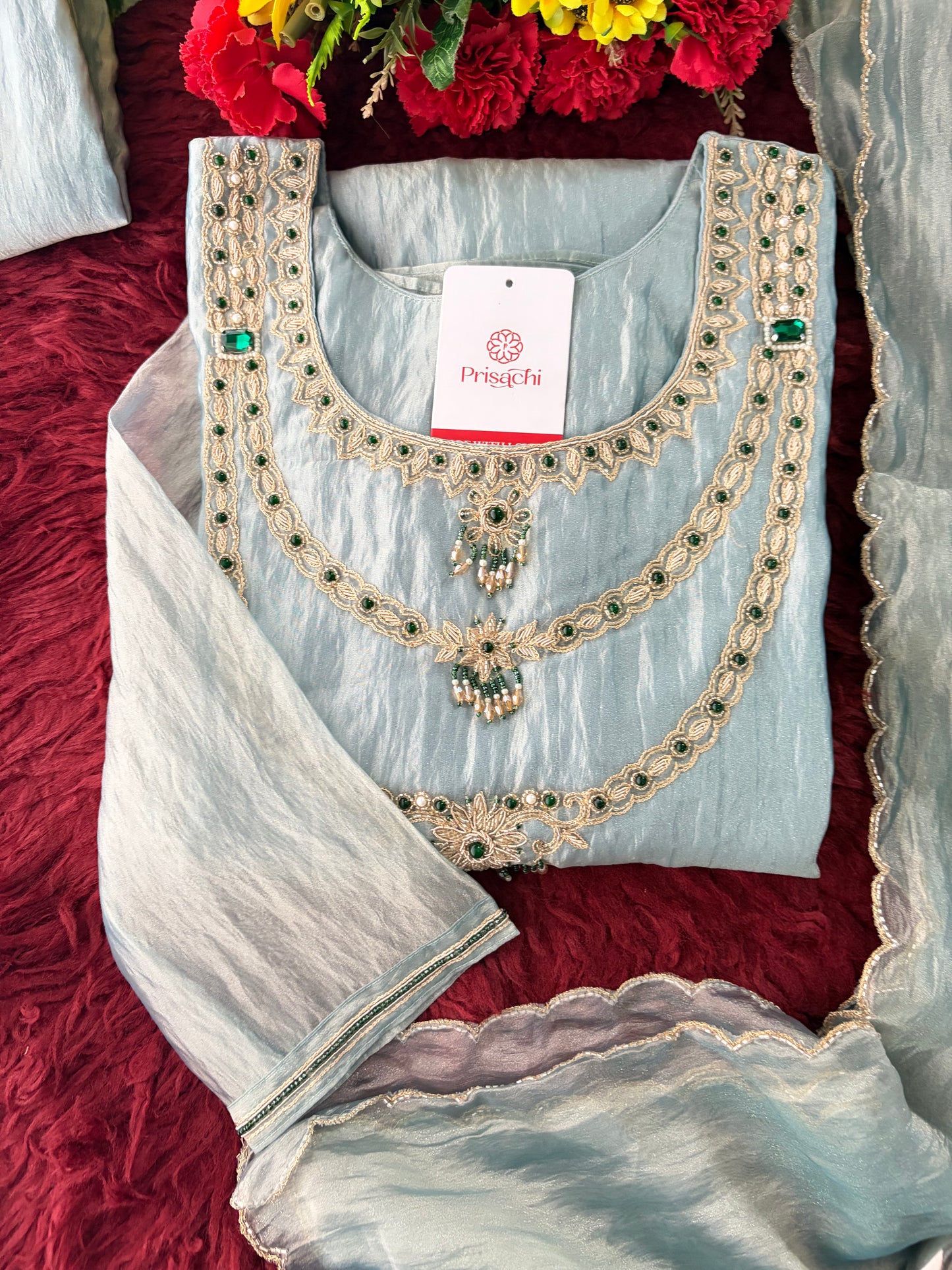 Sky Blue Zardozi Embroidered Ethnic A-Line Kurta Set for Women with Pants & Dupatta