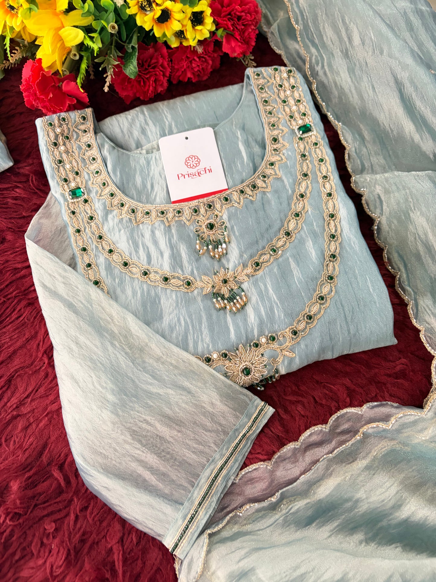 Sky Blue Zardozi Embroidered Ethnic A-Line Kurta Set for Women with Pants & Dupatta
