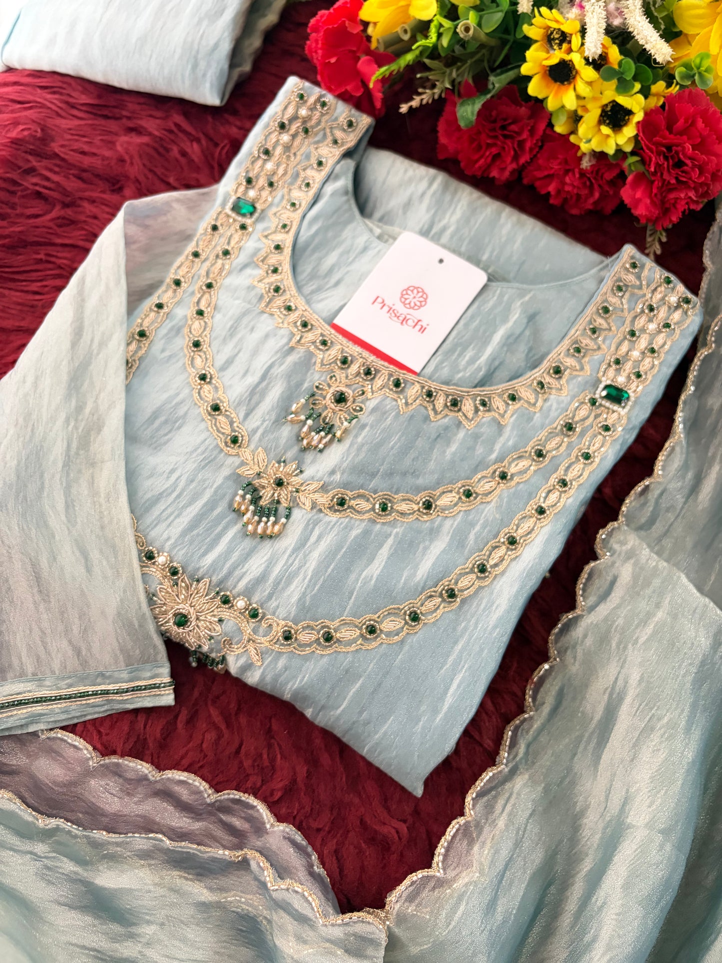 Sky Blue Zardozi Embroidered Ethnic A-Line Kurta Set for Women with Pants & Dupatta