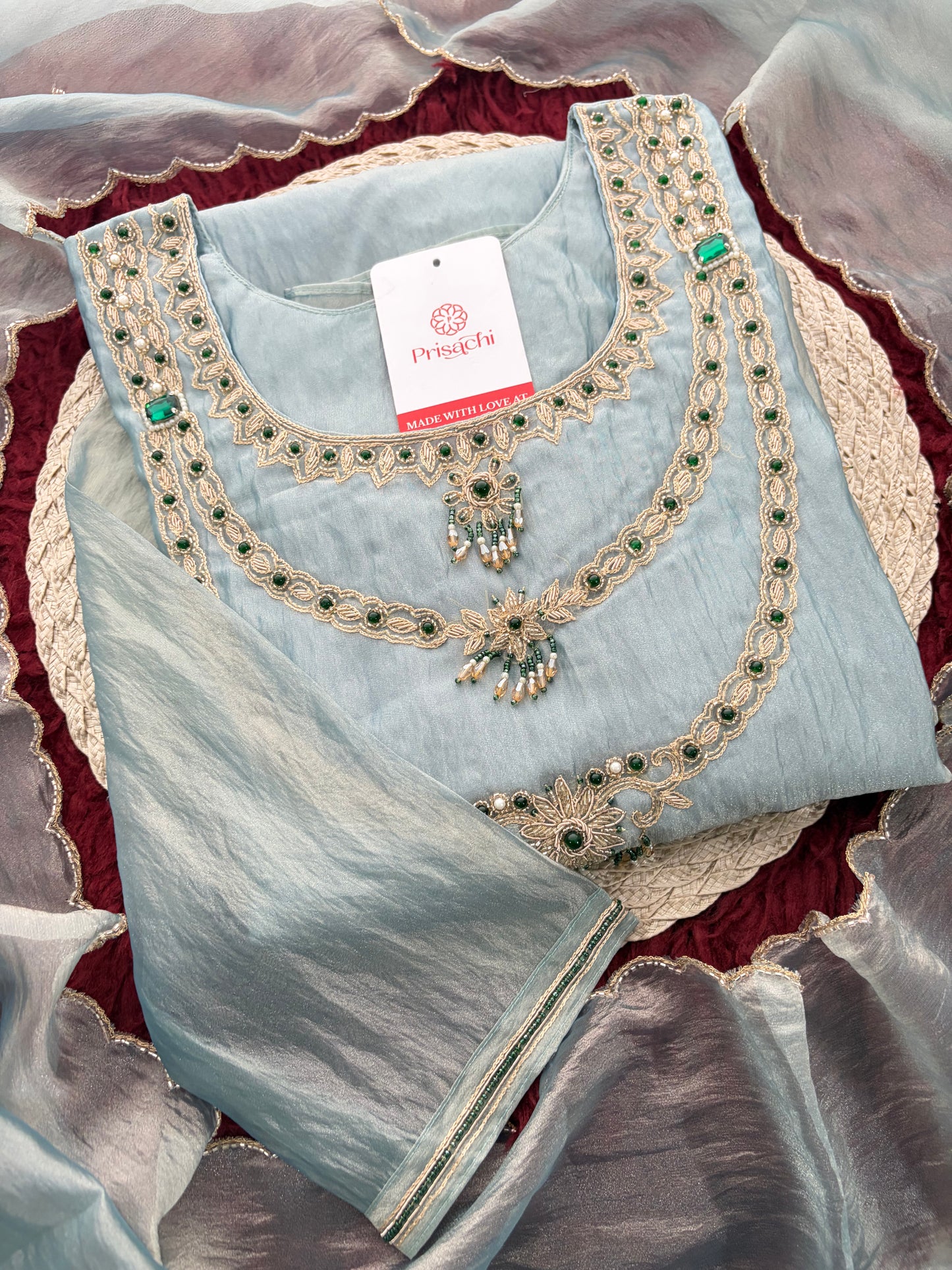 Sky Blue Zardozi Embroidered Ethnic A-Line Kurta Set for Women with Pants & Dupatta