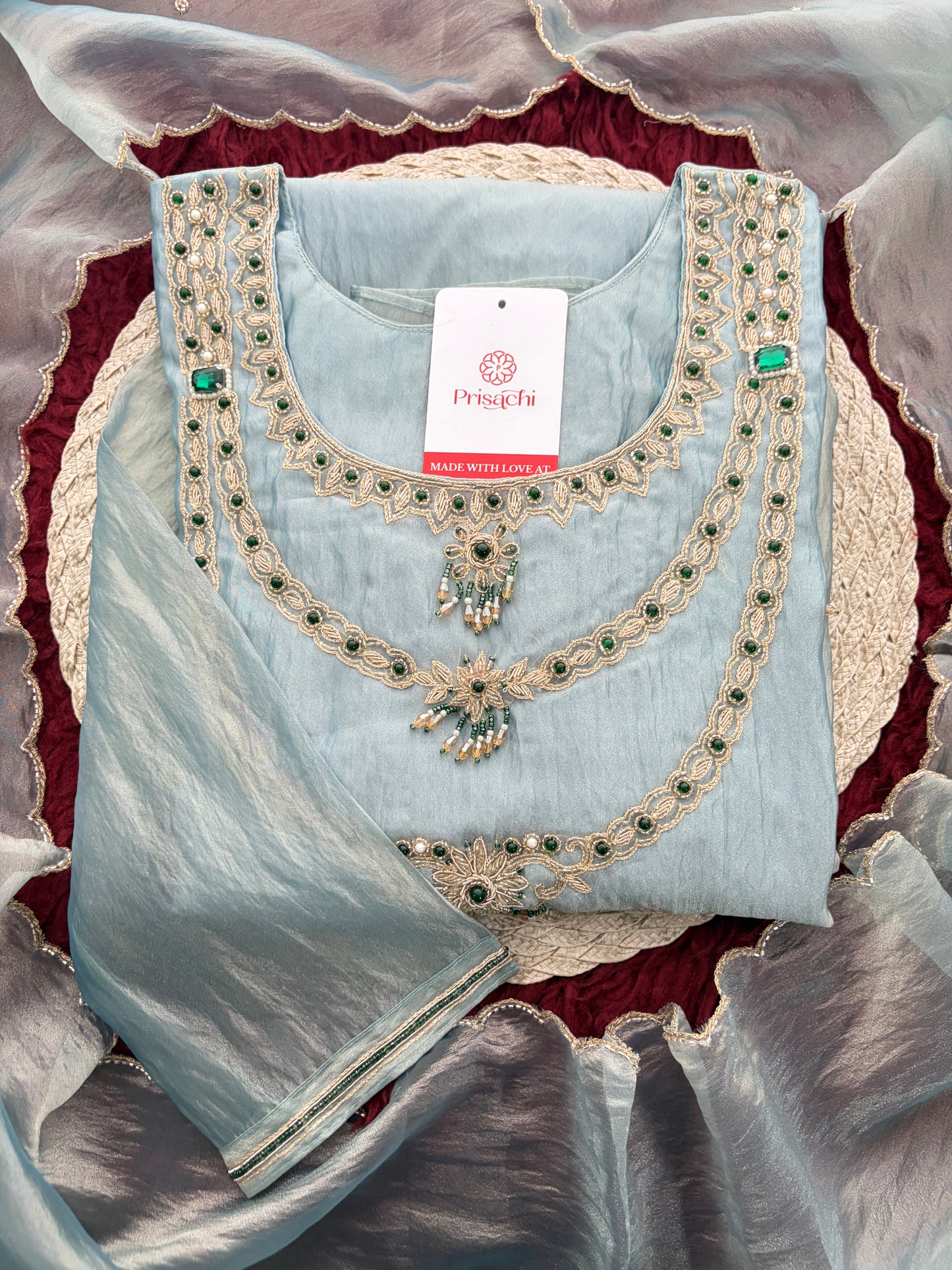 Sky Blue Zardozi Embroidered Ethnic A-Line Kurta Set for Women with Pants & Dupatta