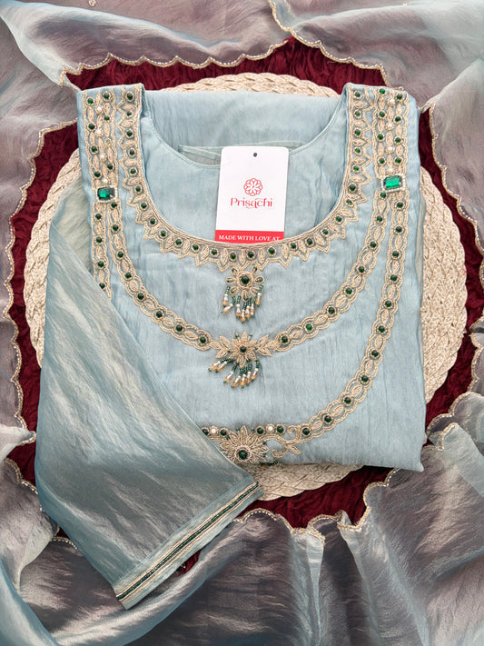 Sky Blue Zardozi Embroidered Ethnic A-Line Kurta Set for Women with Pants & Dupatta