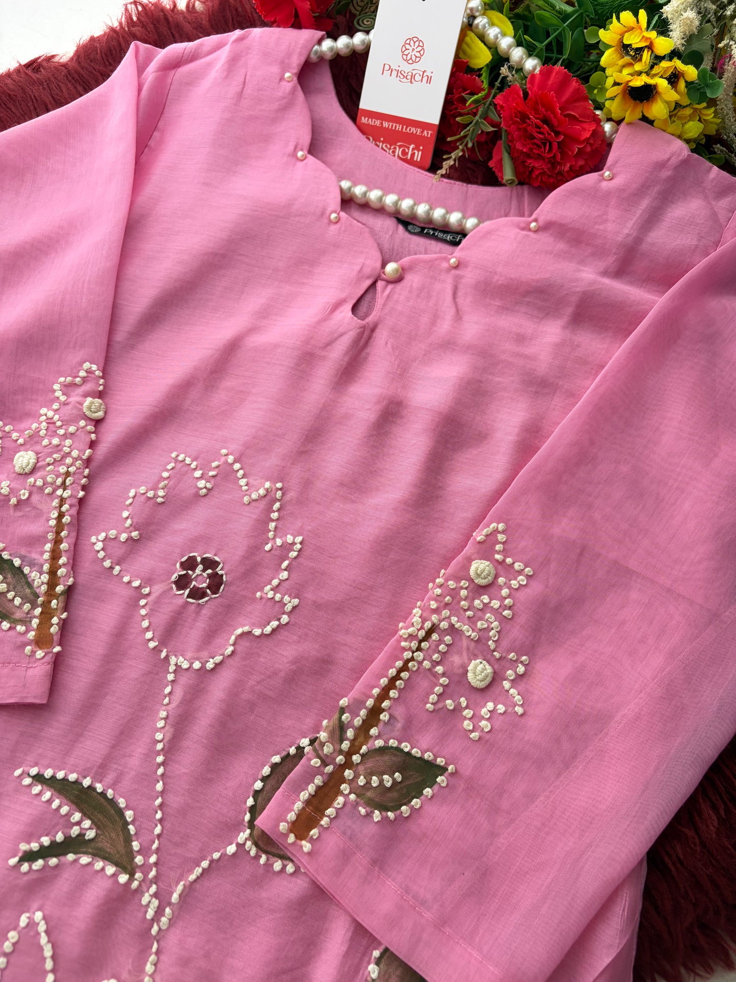 Pink Thread Embroidered A-Line Ethnic Kurta Set with Dupatta & Pants
