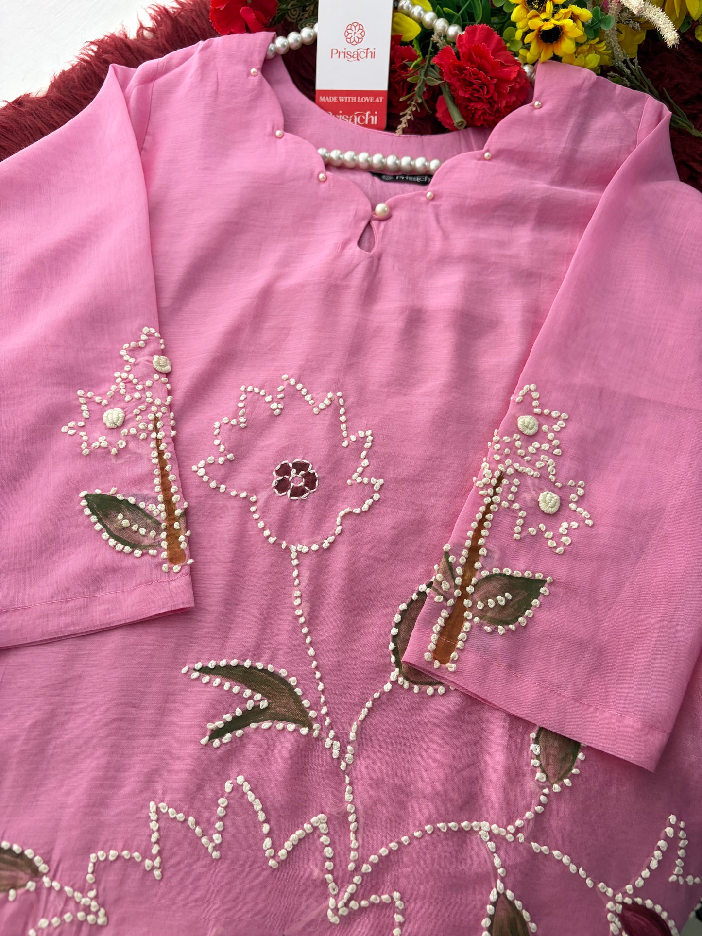 Pink Thread Embroidered A-Line Ethnic Kurta Set with Dupatta & Pants